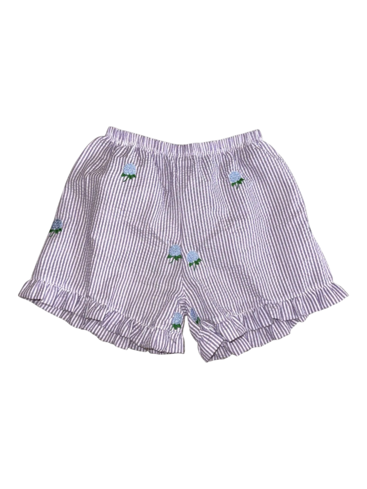 Lilac Seersucker Ruffle Shorts with Hydrangeas