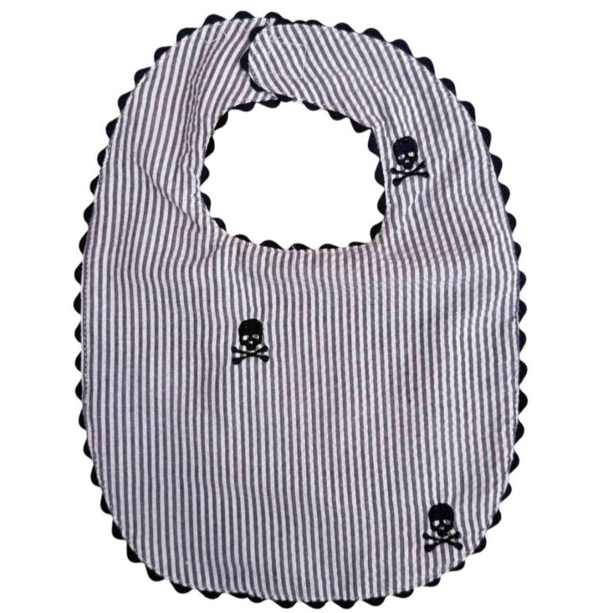 Navy Seersucker Bib with Pirate Skulls