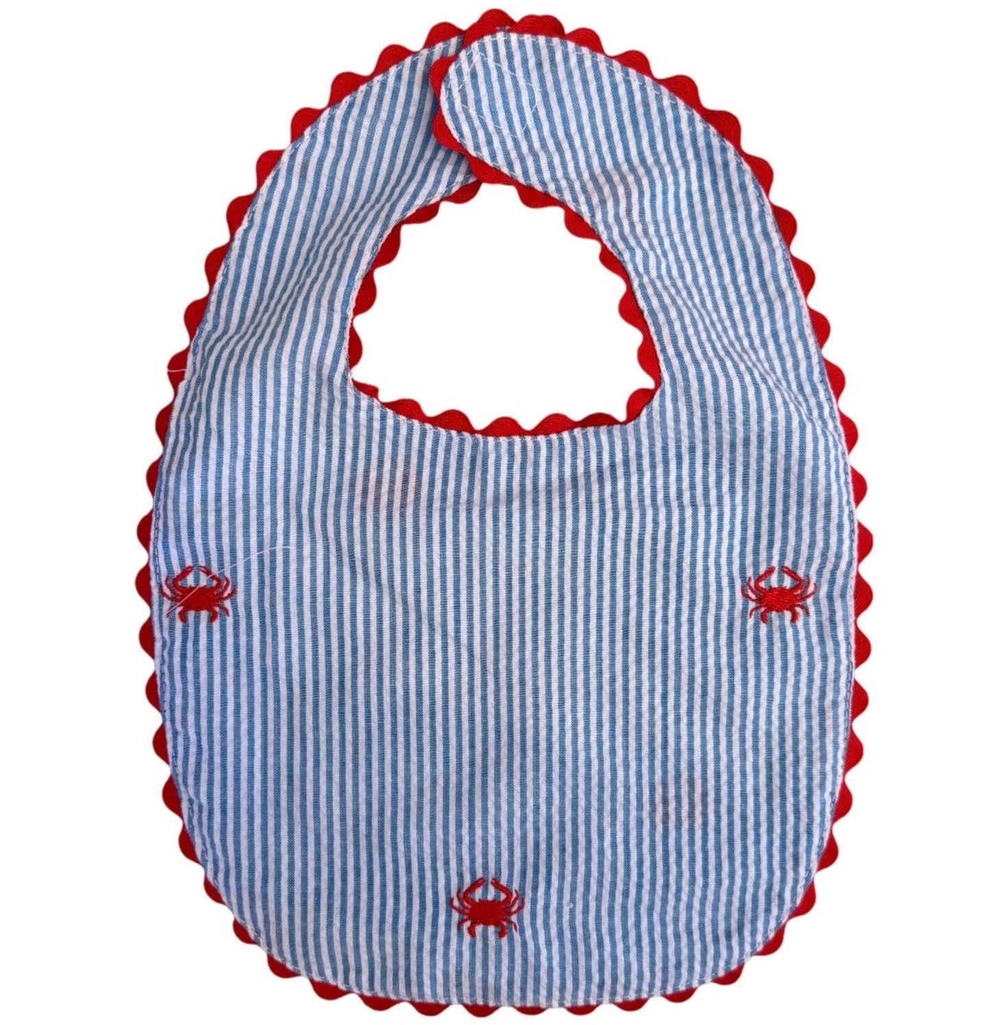 Slate Blue Seersucker Bib with Crabs