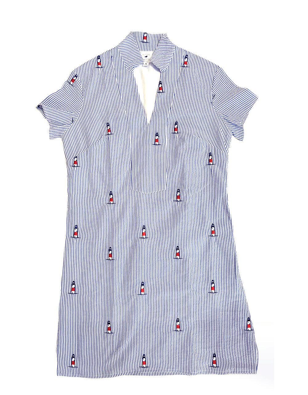 Blue Seersucker Tunic Dress with Embroidered Sankaty Lighthouse