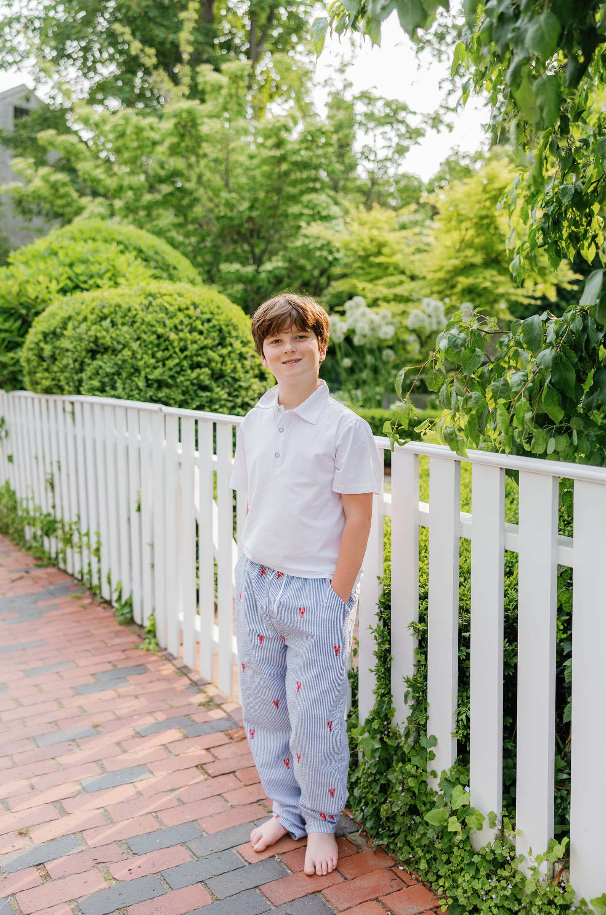 Blue Seersucker Kids Drawstring Pants with Red Embroidered Red Lobsters
