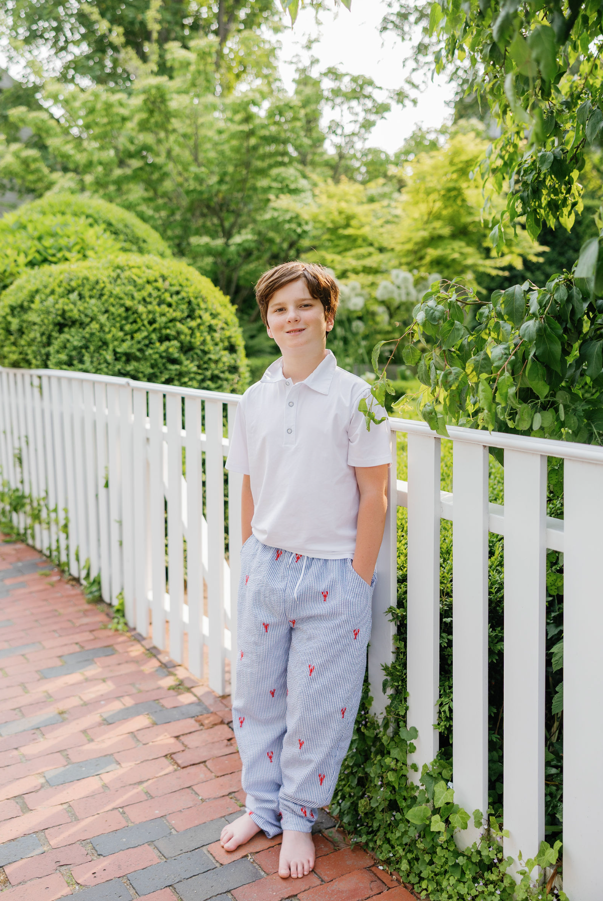 Blue Seersucker Kids Drawstring Pants with Red Embroidered Red Lobsters