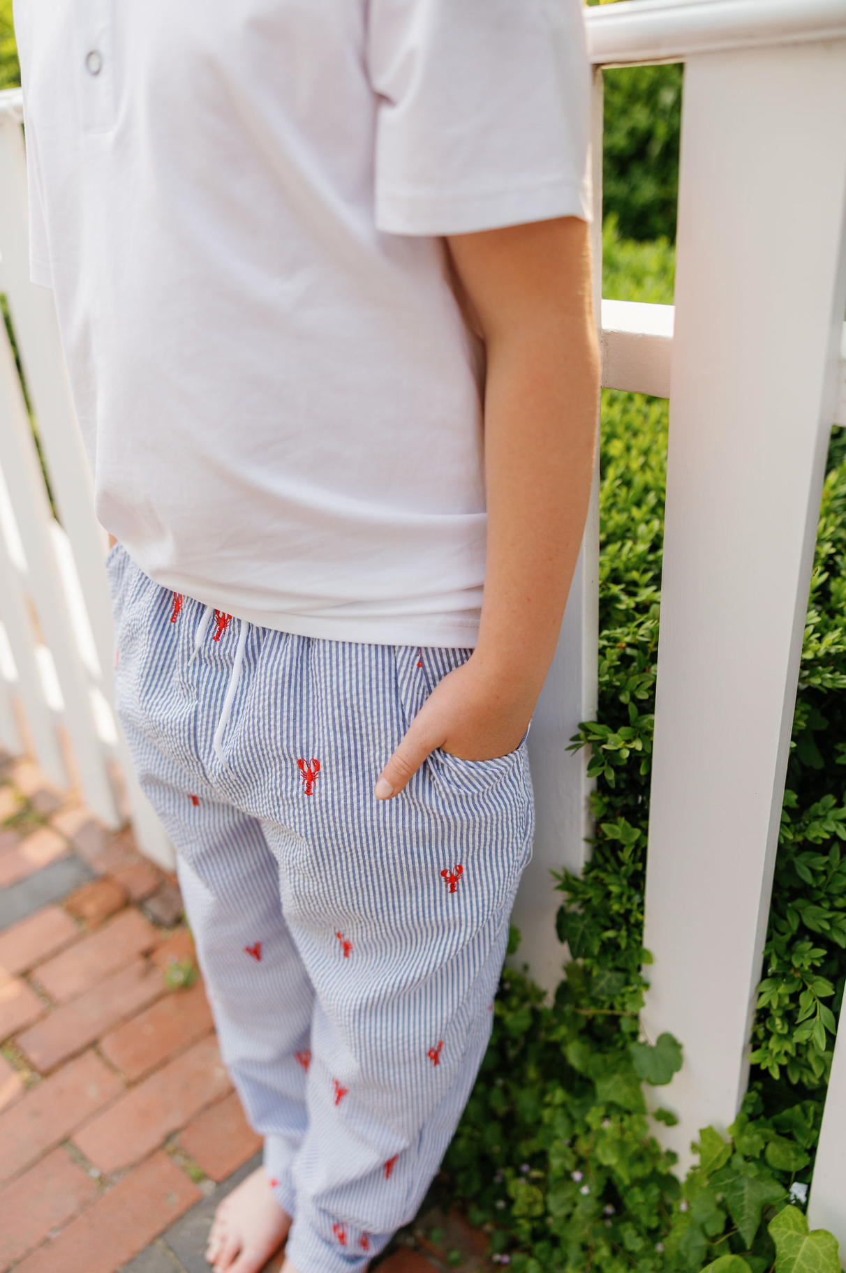 Blue Seersucker Kids Drawstring Pants with Red Embroidered Red Lobsters
