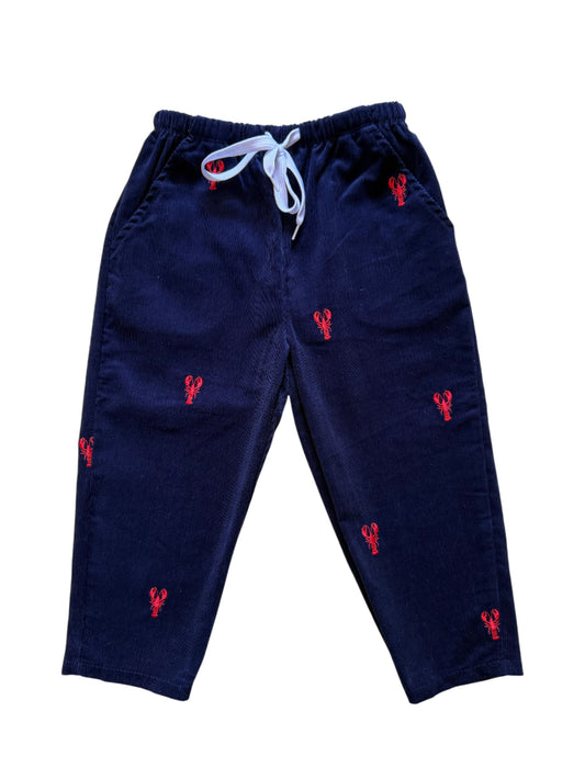 Navy Corduroy Pants with Red Embroidered Lobsters