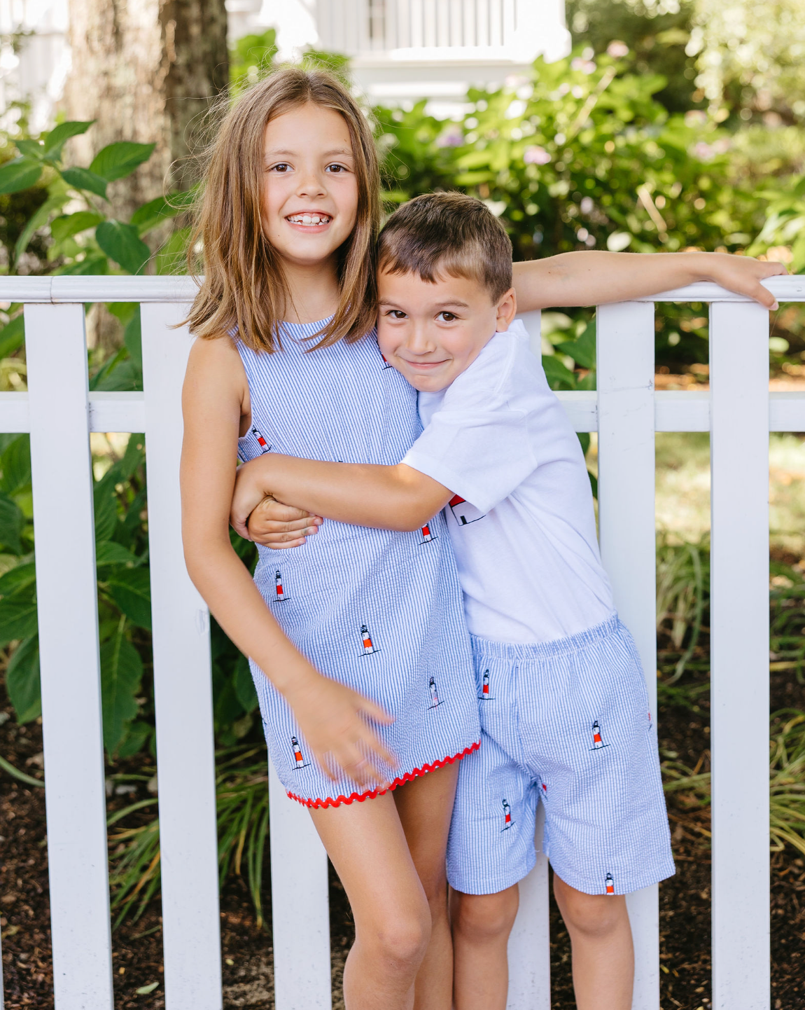 Blue Seersucker Girls Dress with Embroidered Lighthouses