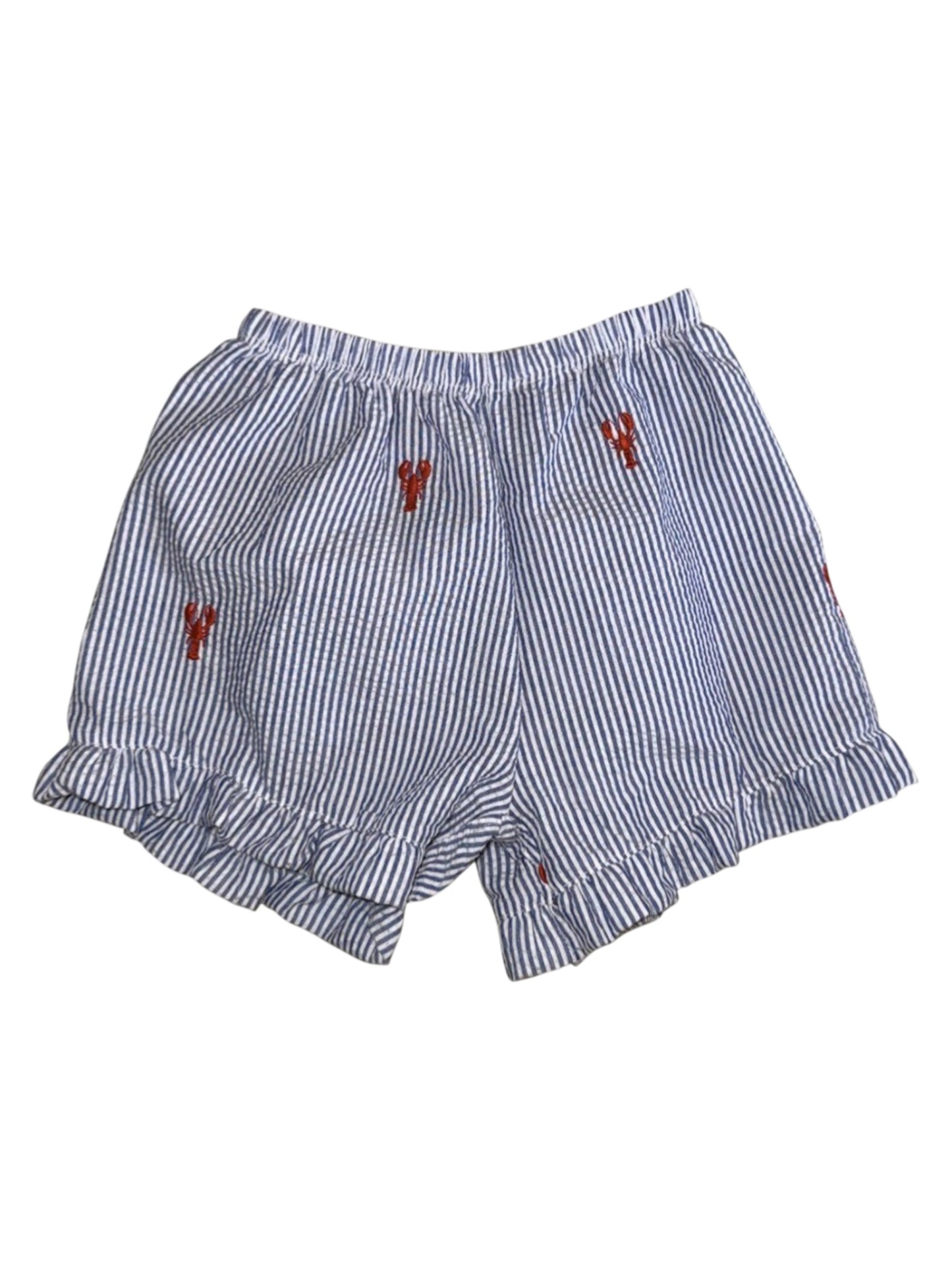 Blue Seersucker Ruffle Shorts with Red Lobster