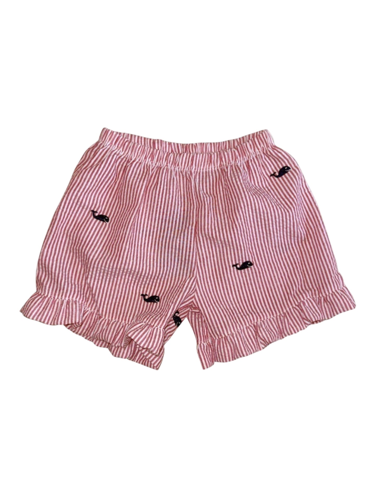 Red Seersucker Ruffle Shorts with Navy Whales