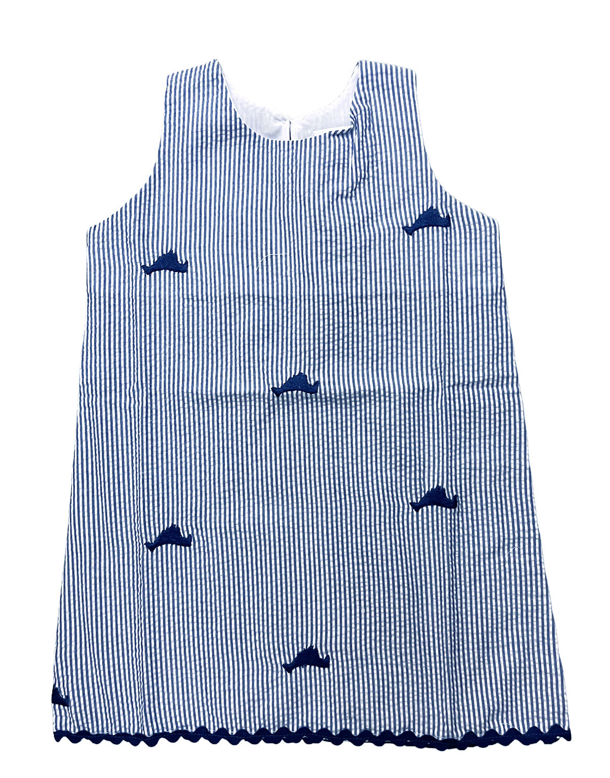 Blue Seersucker Girls Dress with Navy Embroidered Martha's Vineyards