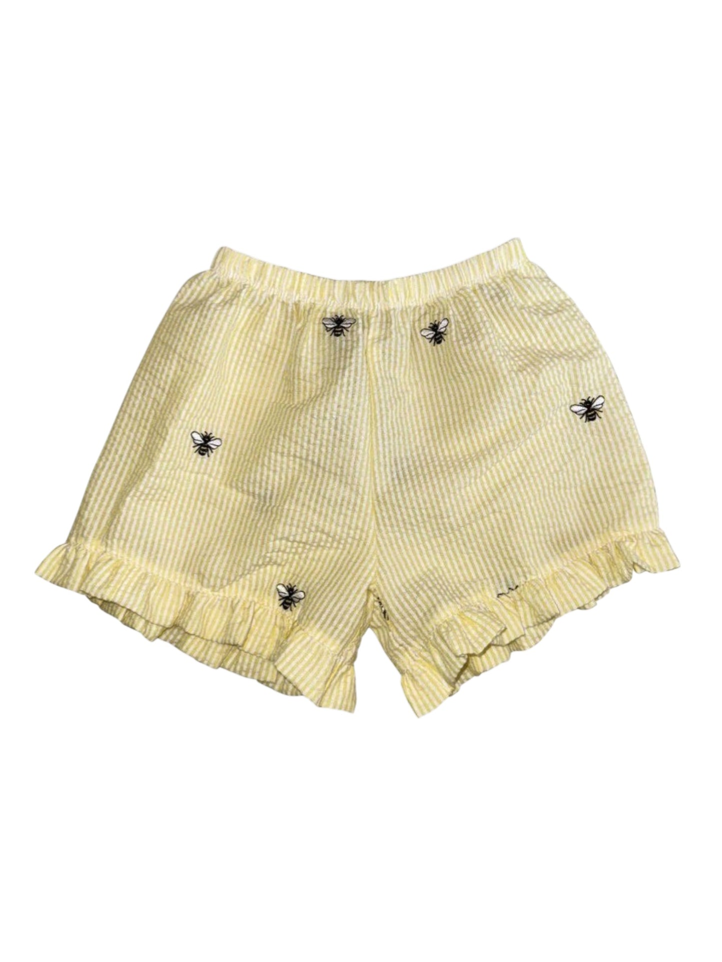 Yellow Seersucker Ruffle Shorts with Bees