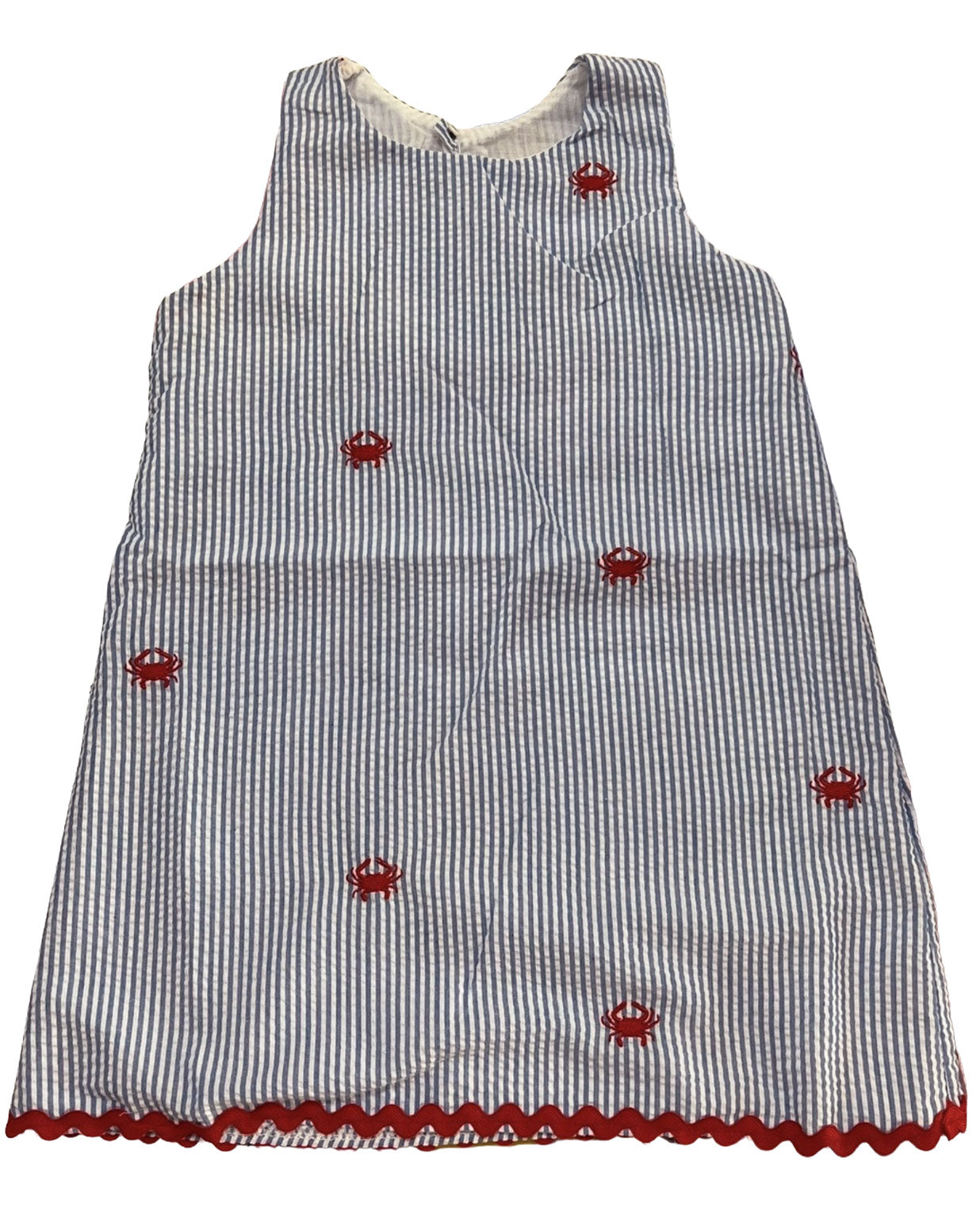 Slate Blue Seersucker Girls Dress with Red Embroidered Crabs
