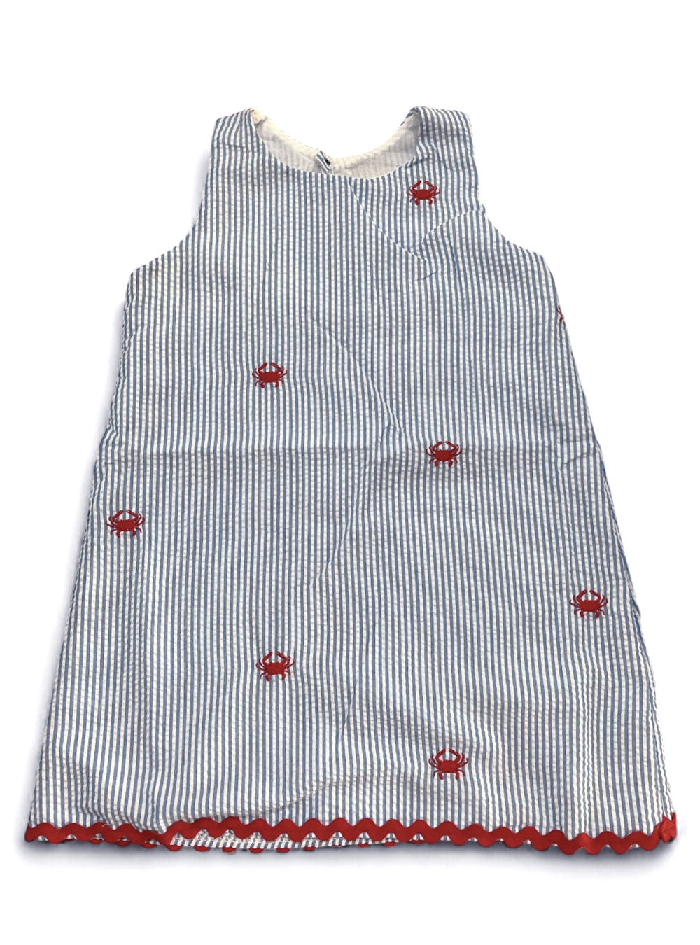 Slate Blue Seersucker Girls Dress with Red Embroidered Crabs