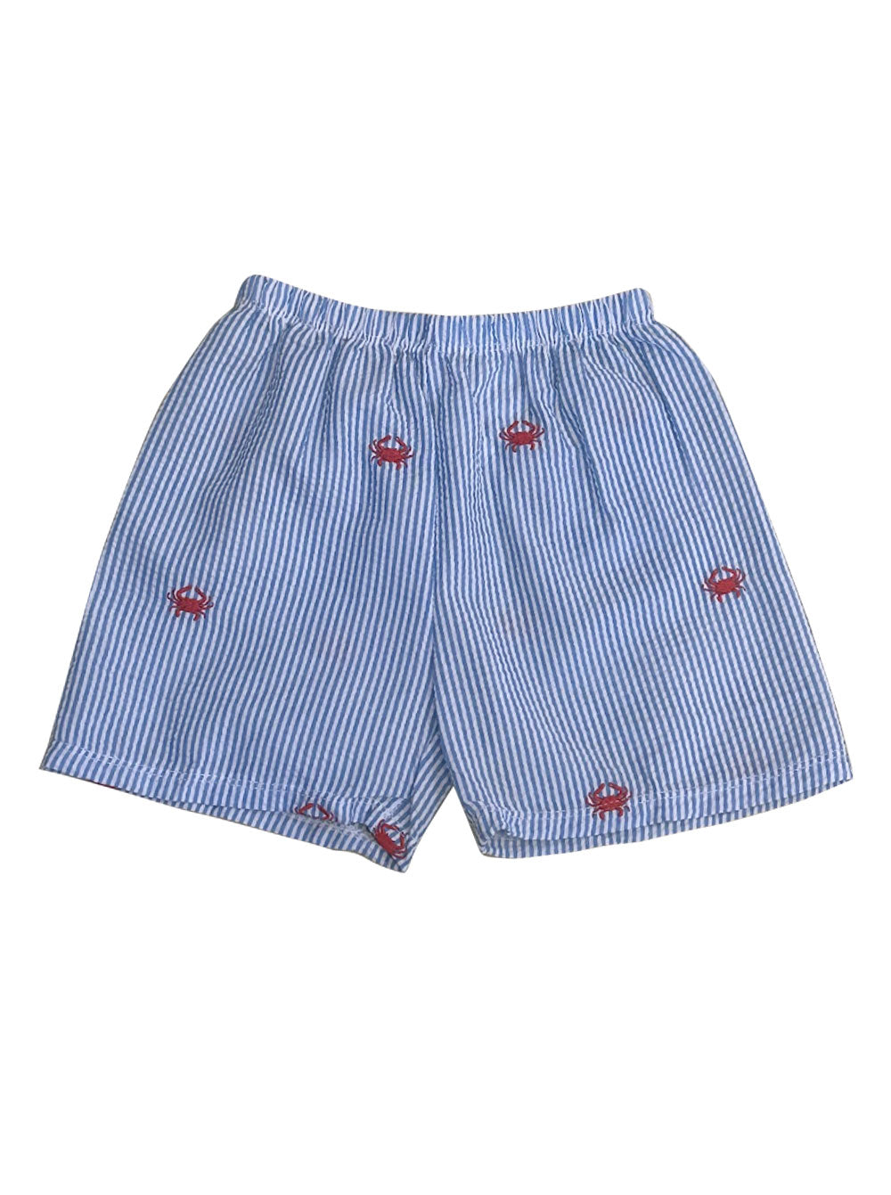 Slate Blue Seersucker Shorts with Red Crabs
