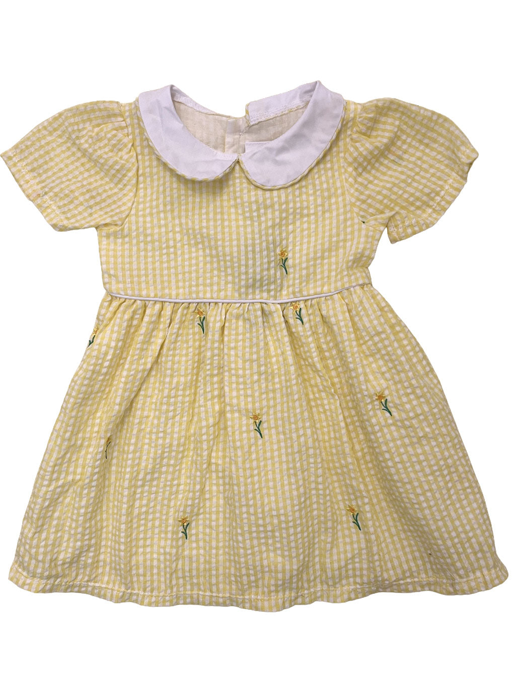 Yellow Gingham Seersucker Girls Dress with Embroidered Daffodils and Peter Pan Collar 4