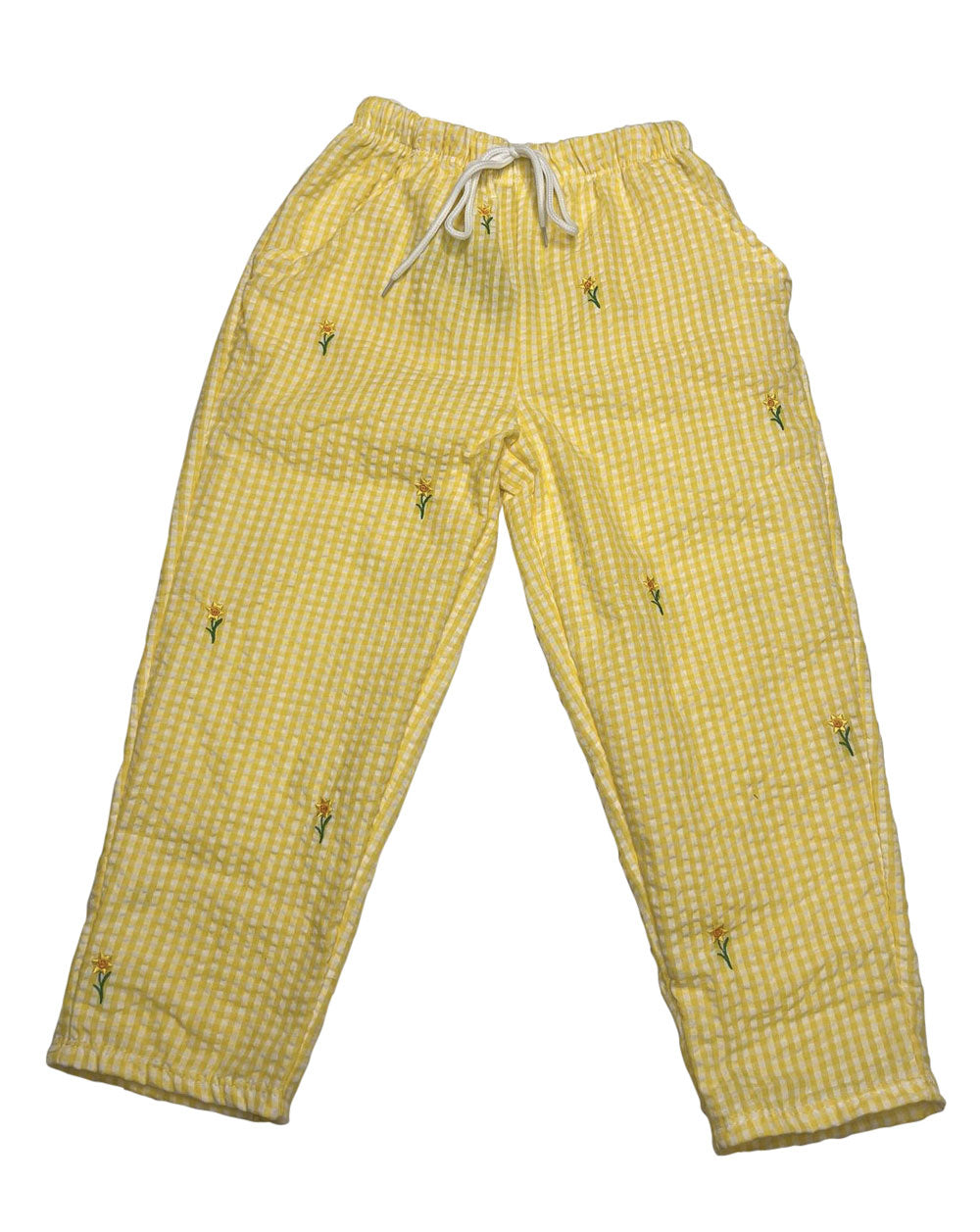 Yellow Gingham Seersucker Kids Drawstring Pants with Embroidered Daffodils