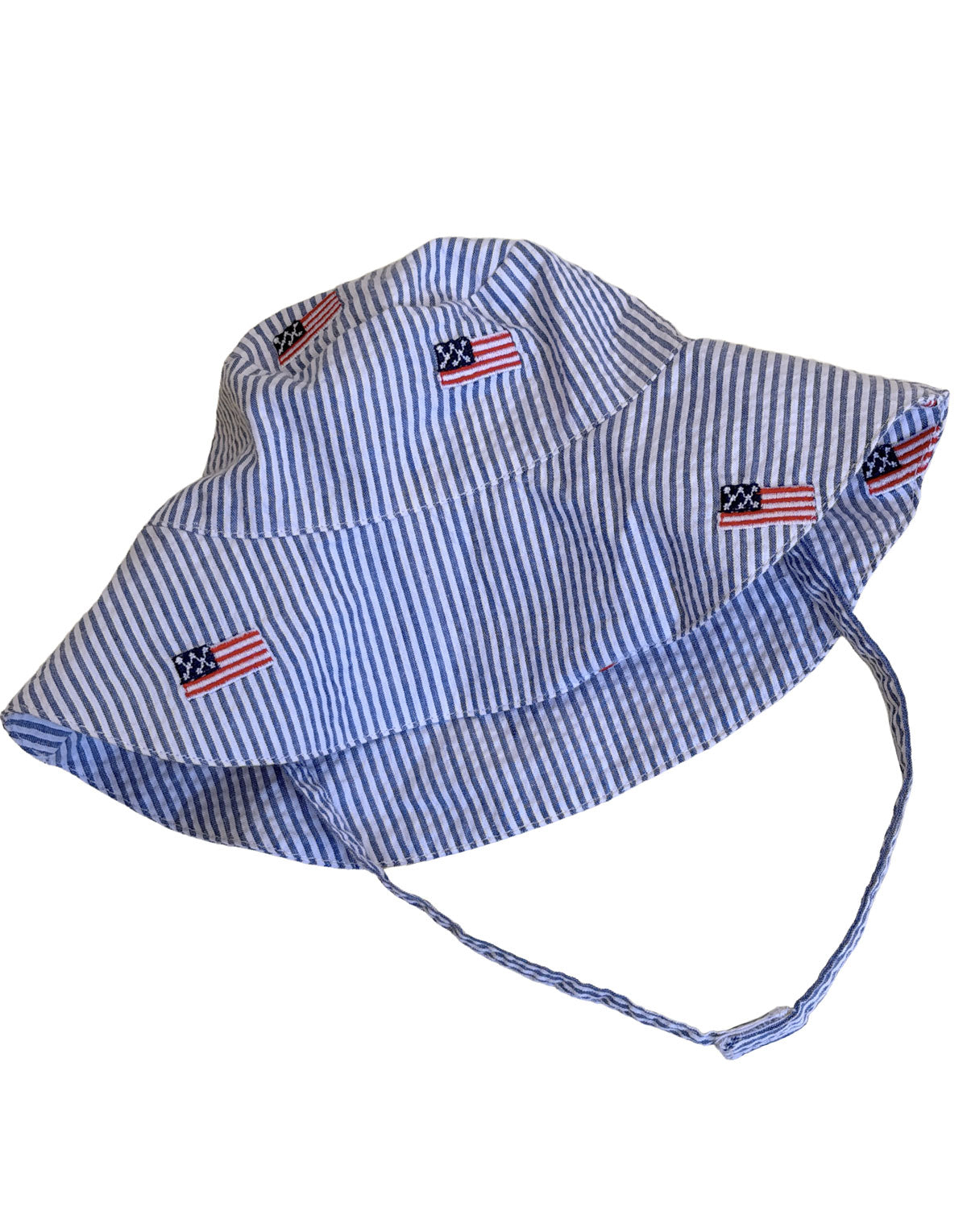 Blue Seersucker with Embroidered American Flags Bucket Hat