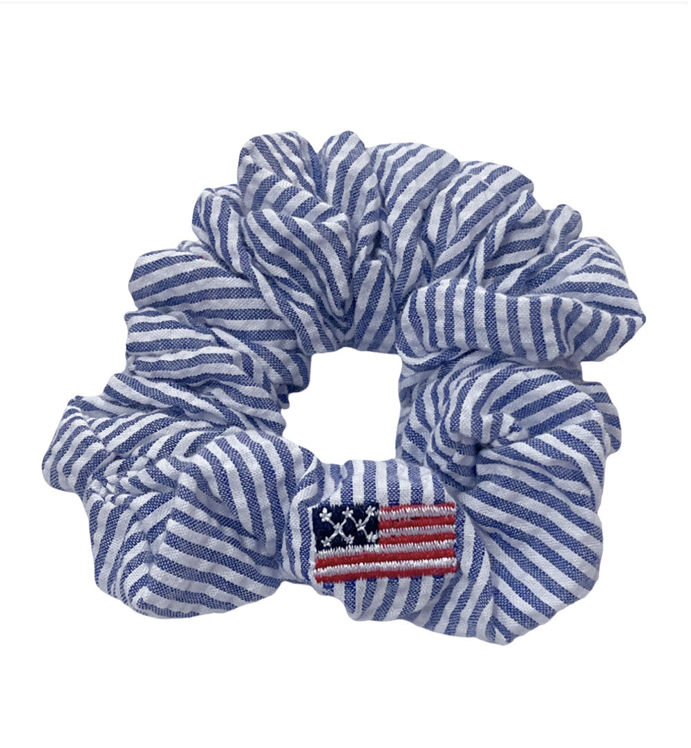 Blue Seersucker with American Flags Scrunchie