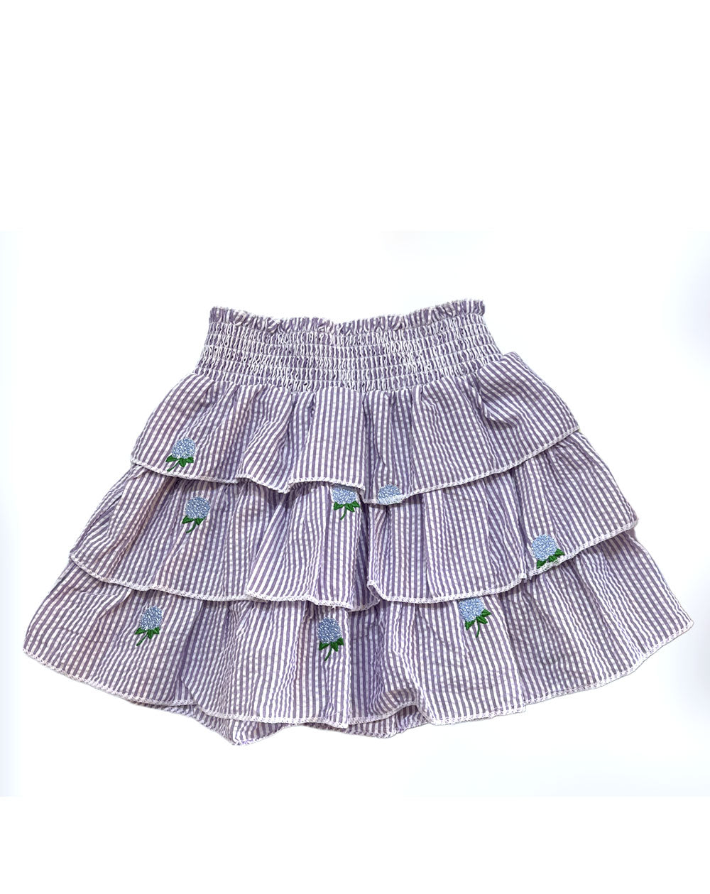 Lilac Tiered Seersucker Ruffled Beach Skirt with Embroidered Hydrangeas