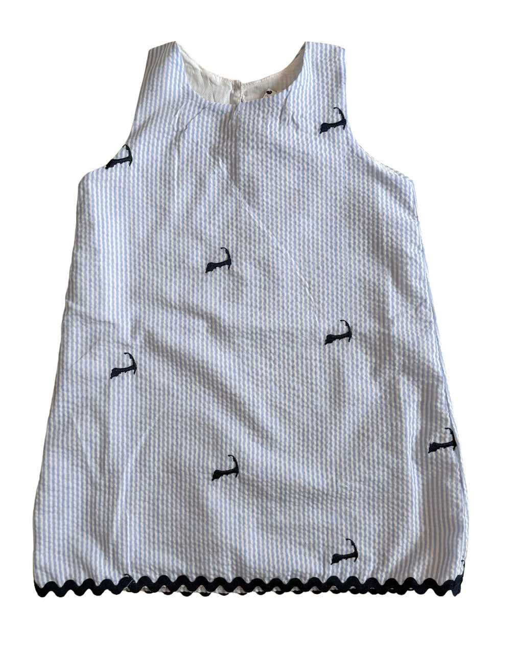 Light Blue Seersucker Girls Dress with Navy Cape Cods