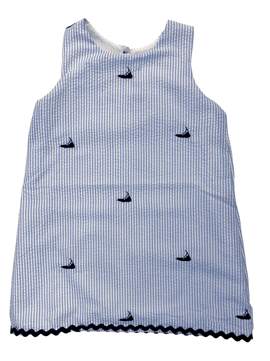 Light Blue Seersucker Girls Dress with Navy Embroidered Nantuckets