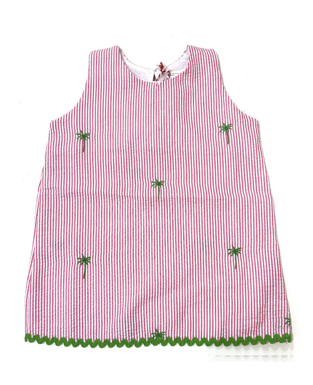 Pink Seersucker Girls Dress with Green Embroidered Palm Trees