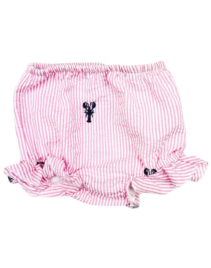 Pink Seersucker Baby Bloomers with Navy Embroidered Lobsters