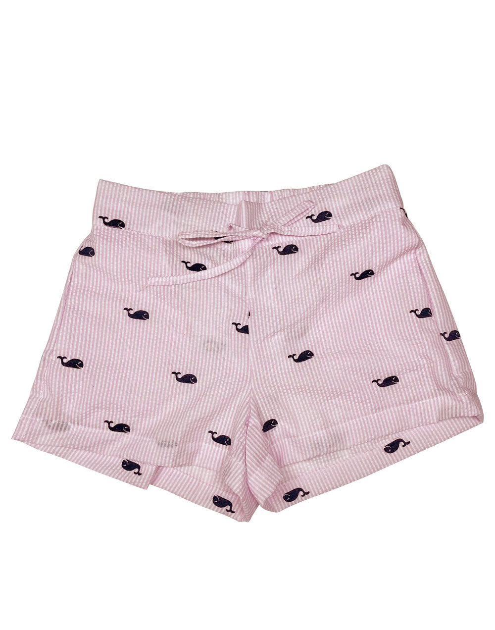 Light Pink Seersucker Ladies Lounge Short with Navy Embroidered Whales