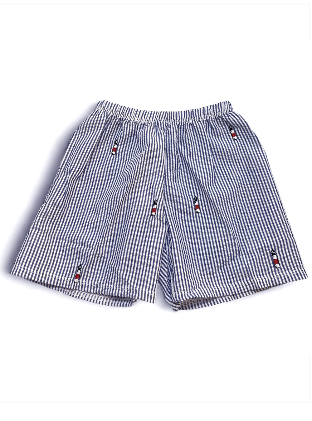 Blue Kids Seersucker Shorts with Embroidered Sankaty Lighthouses