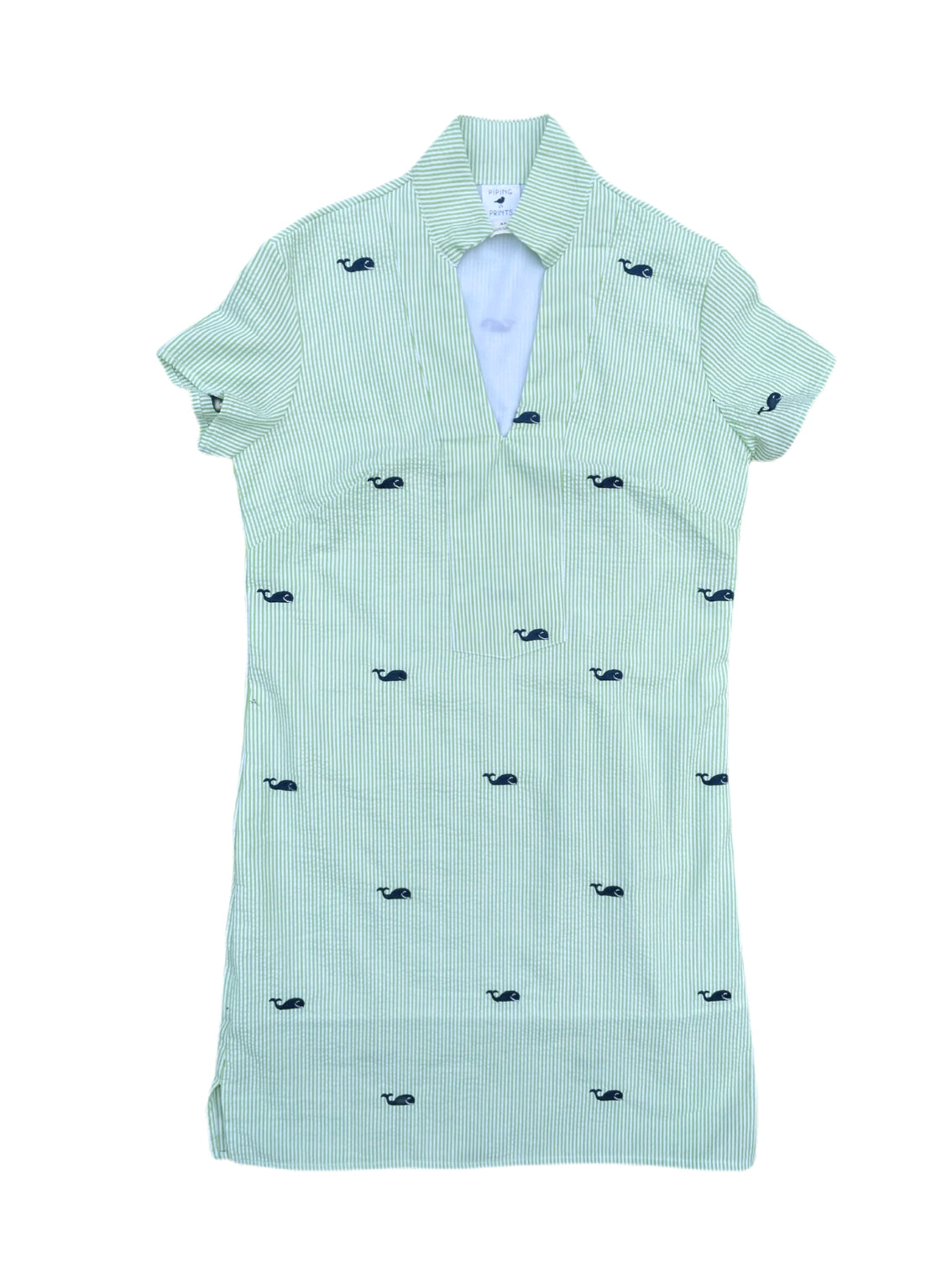 Green Seersucker Tunic Dress with Navy Embroidered Whales