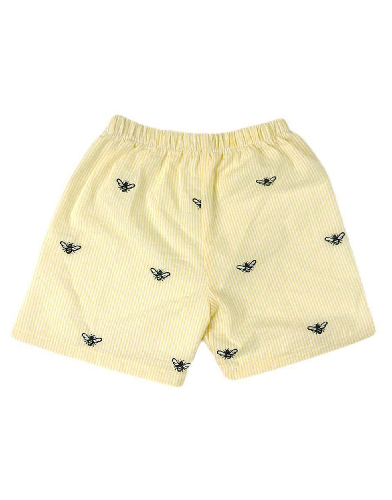Kids Yellow Seersucker Shorts with Embroidered Honeybees