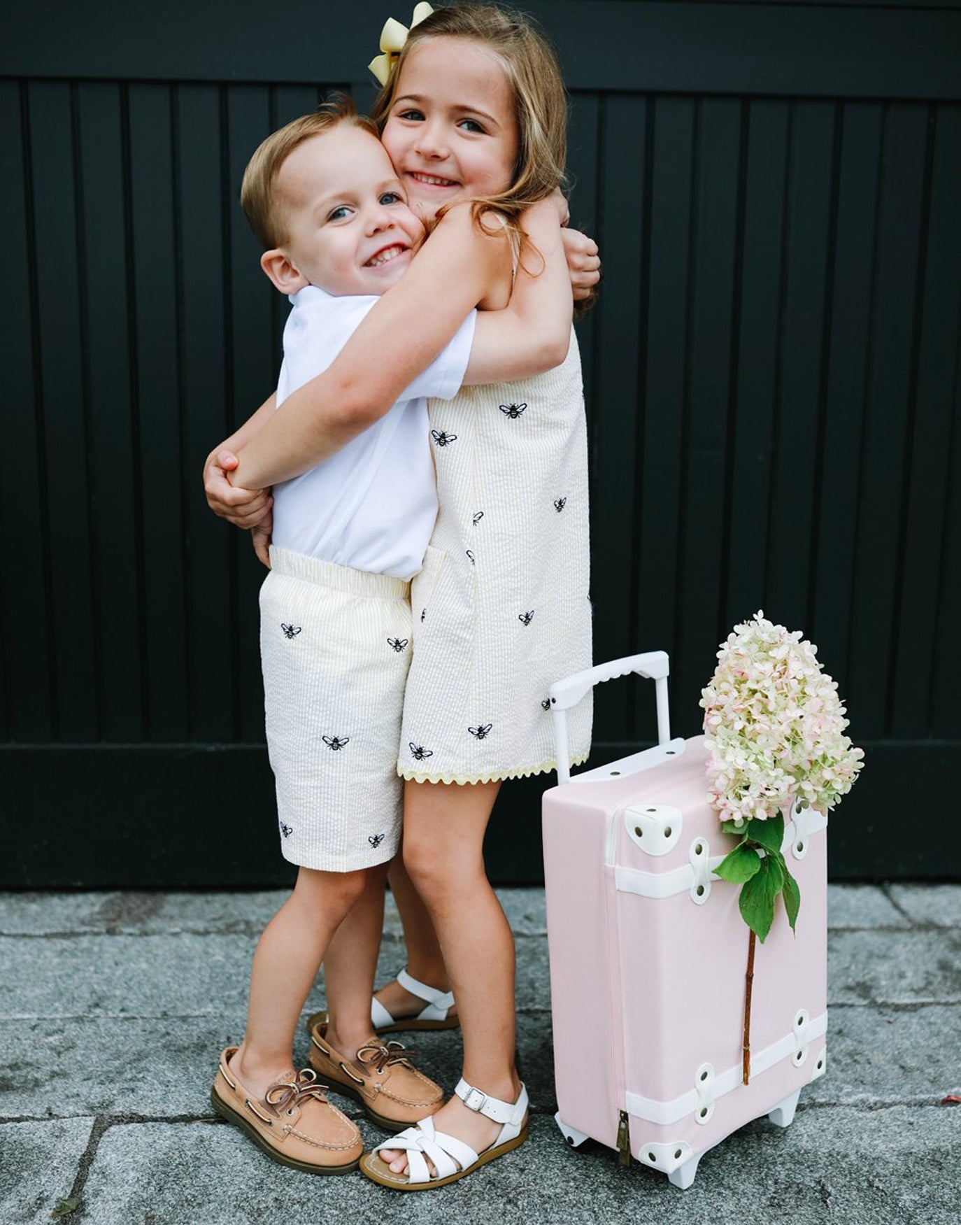 Kids Yellow Seersucker Shorts with Embroidered Honeybees