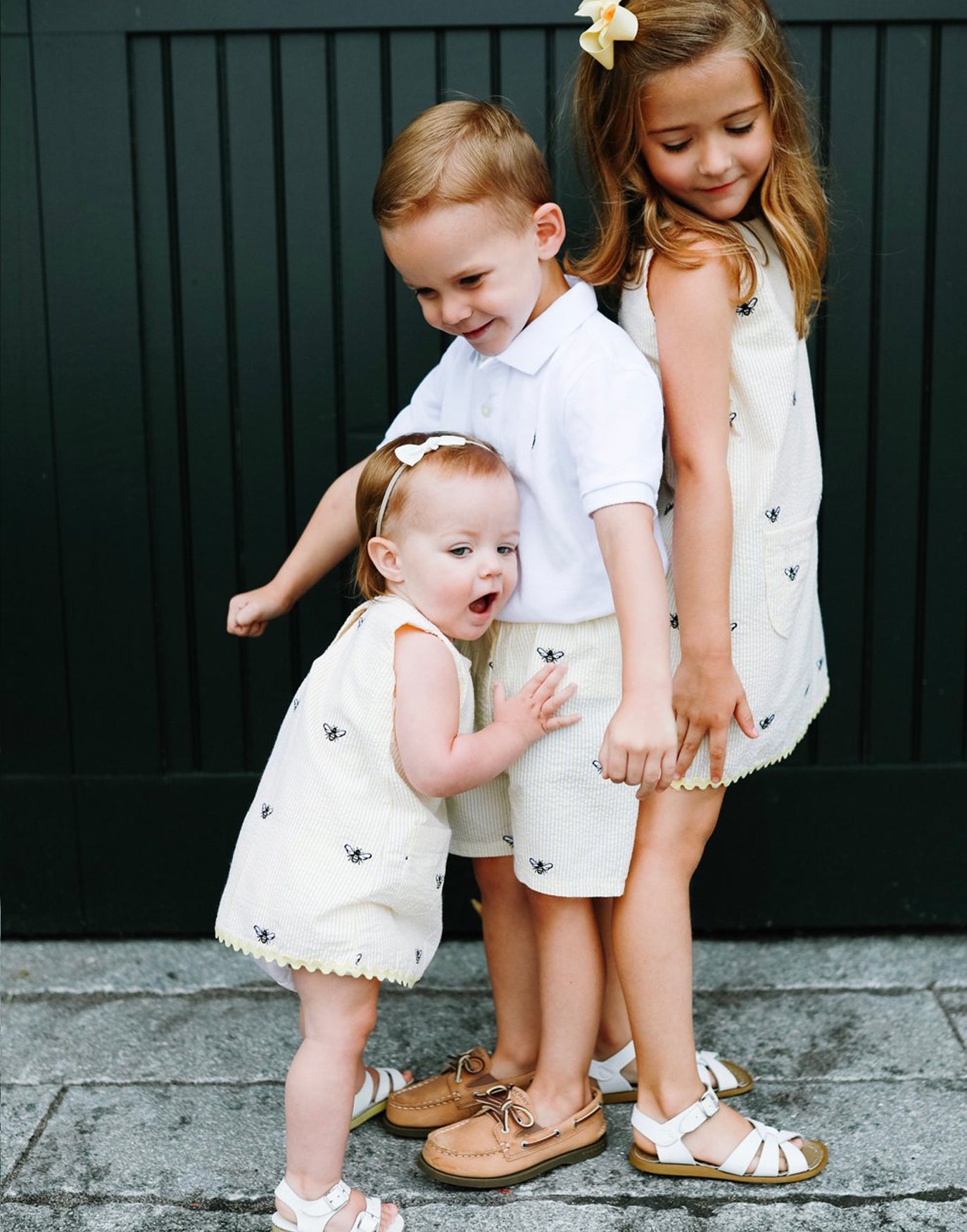 Kids Yellow Seersucker Shorts with Embroidered Honeybees