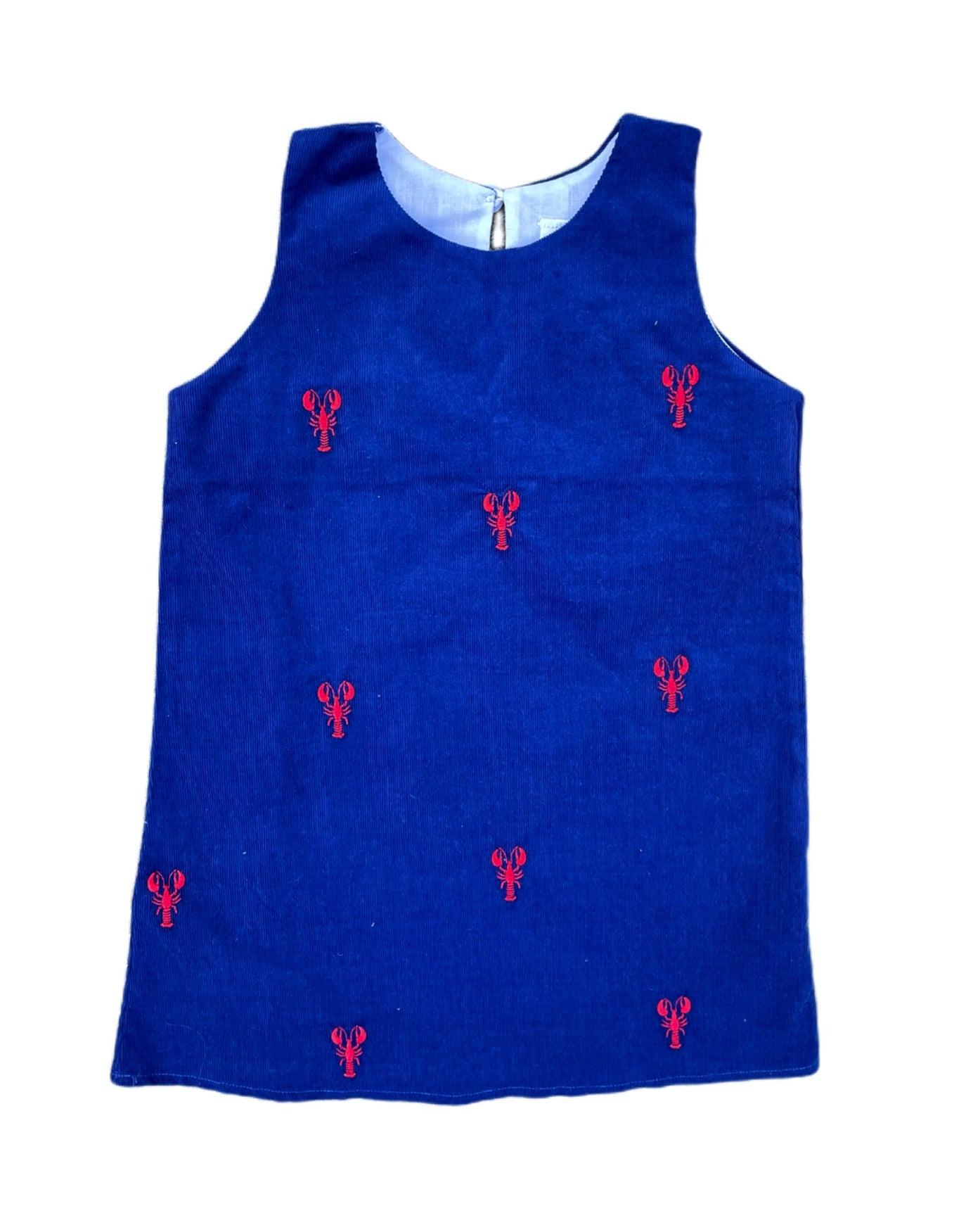 Navy Corduroy Jumper Dress with Red Embroidered Lobsters