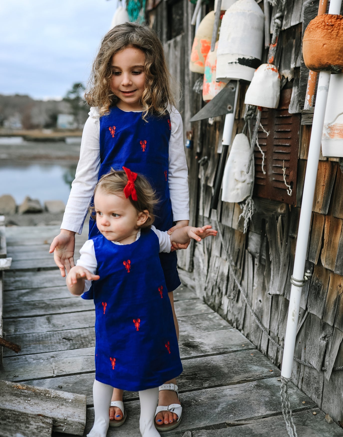 Navy Corduroy Jumper Dress with Red Embroidered Lobsters