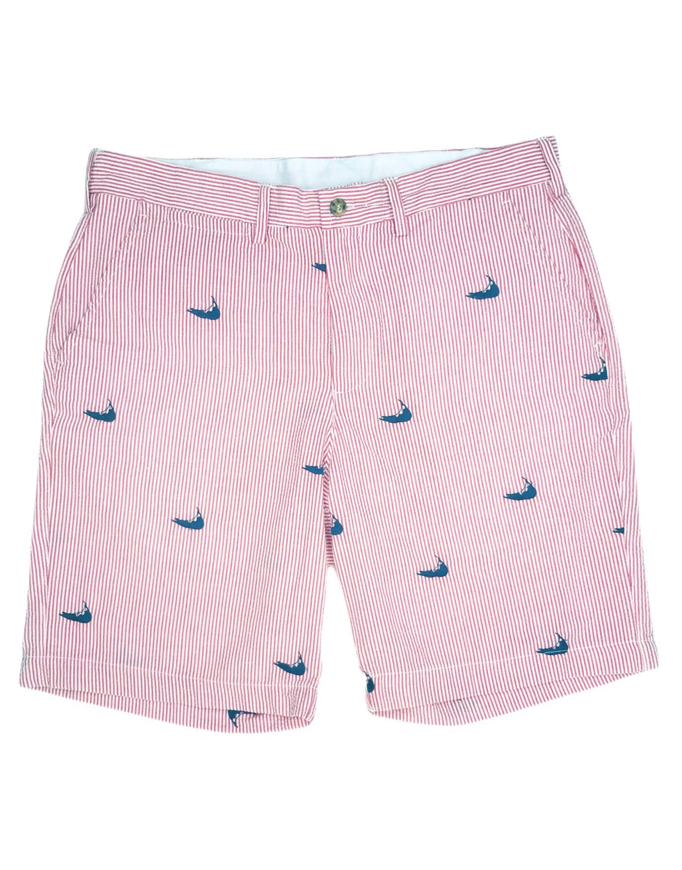 Red Mens Seersucker Shorts with Navy Embroidered Nantuckets