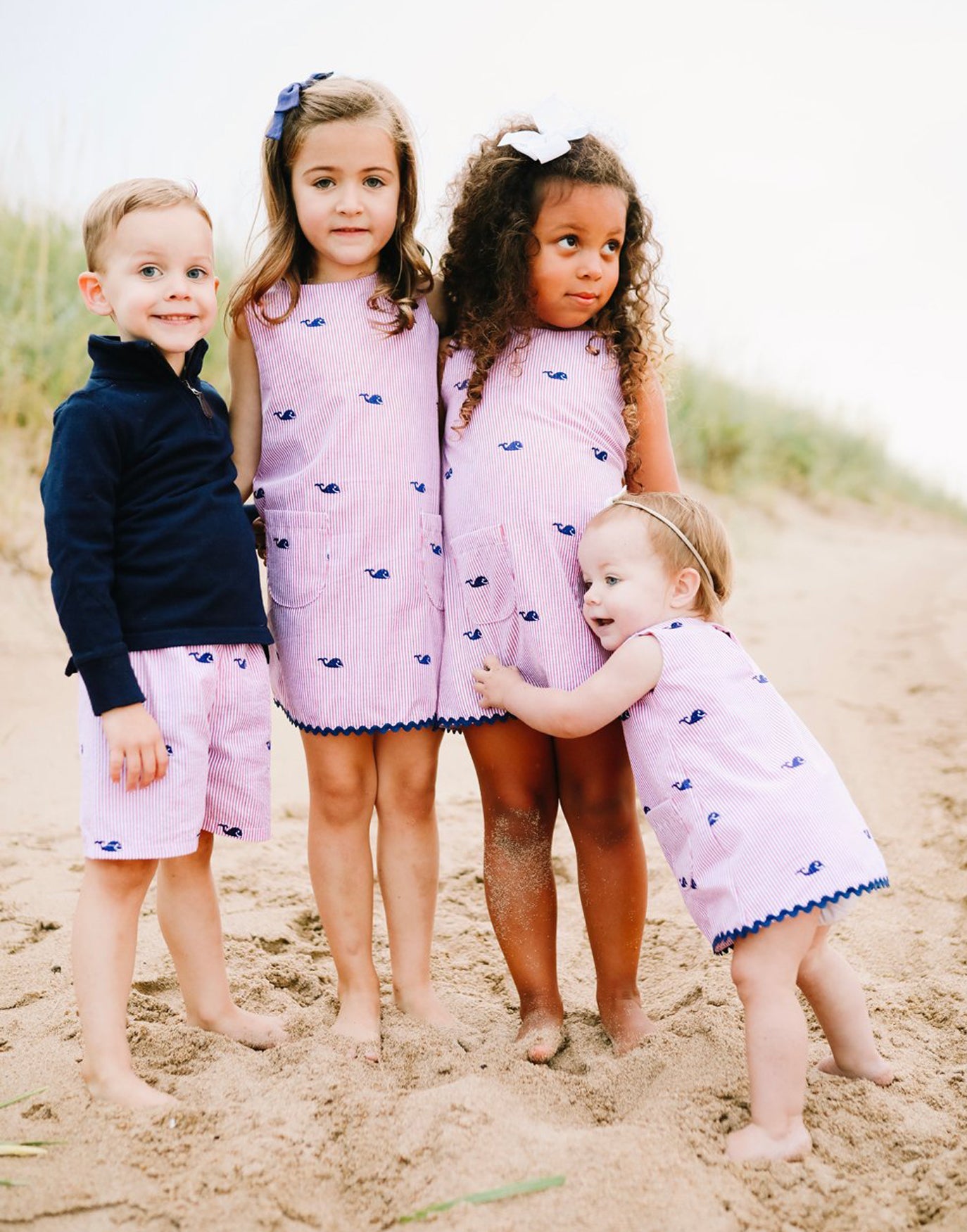 Red Kids Seersucker Shorts with Navy Embroidered Whales