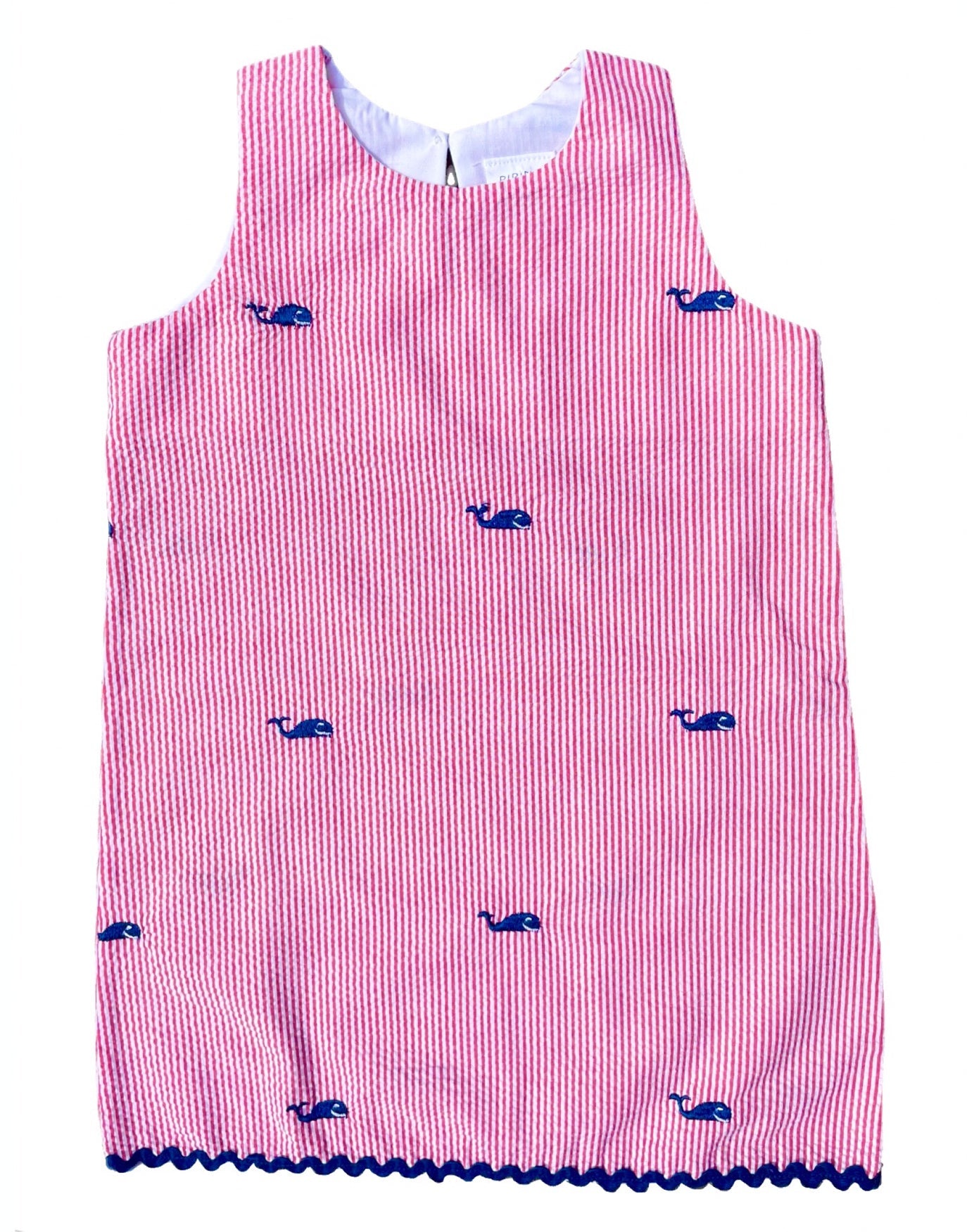 Red Seersucker Dress with Navy Embroidered Whales 12-18 Months