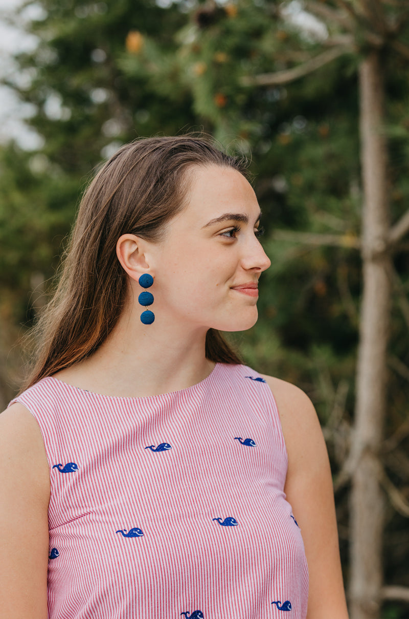 Red Seersucker Women's Dress with Navy Embroidered Whales