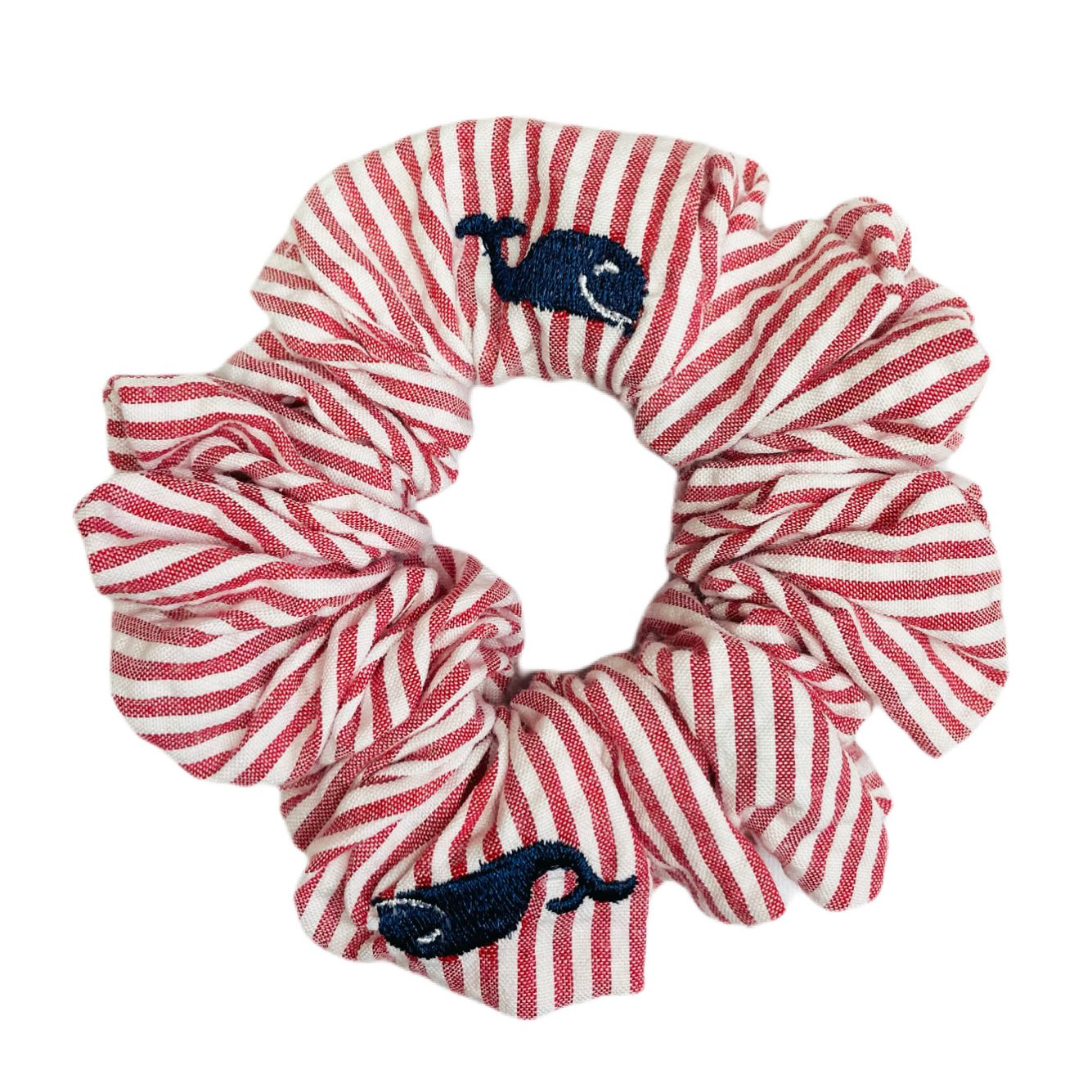 Red Seersucker with Navy Whales Scrunchie