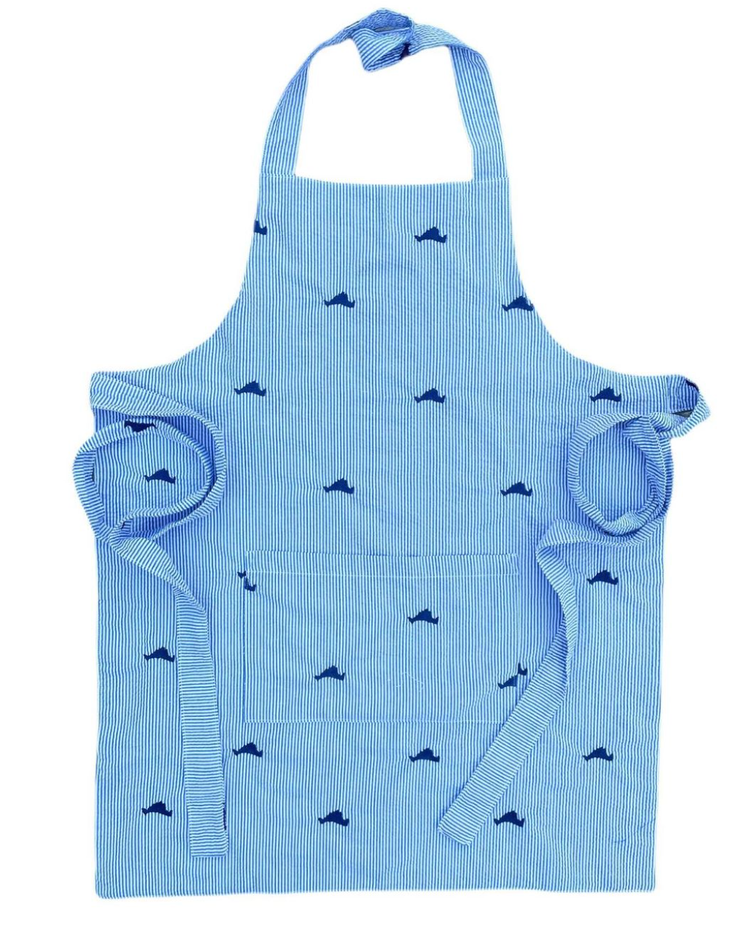 Blue Seersucker Apron with Navy Embroidered Martha's Vineyards
