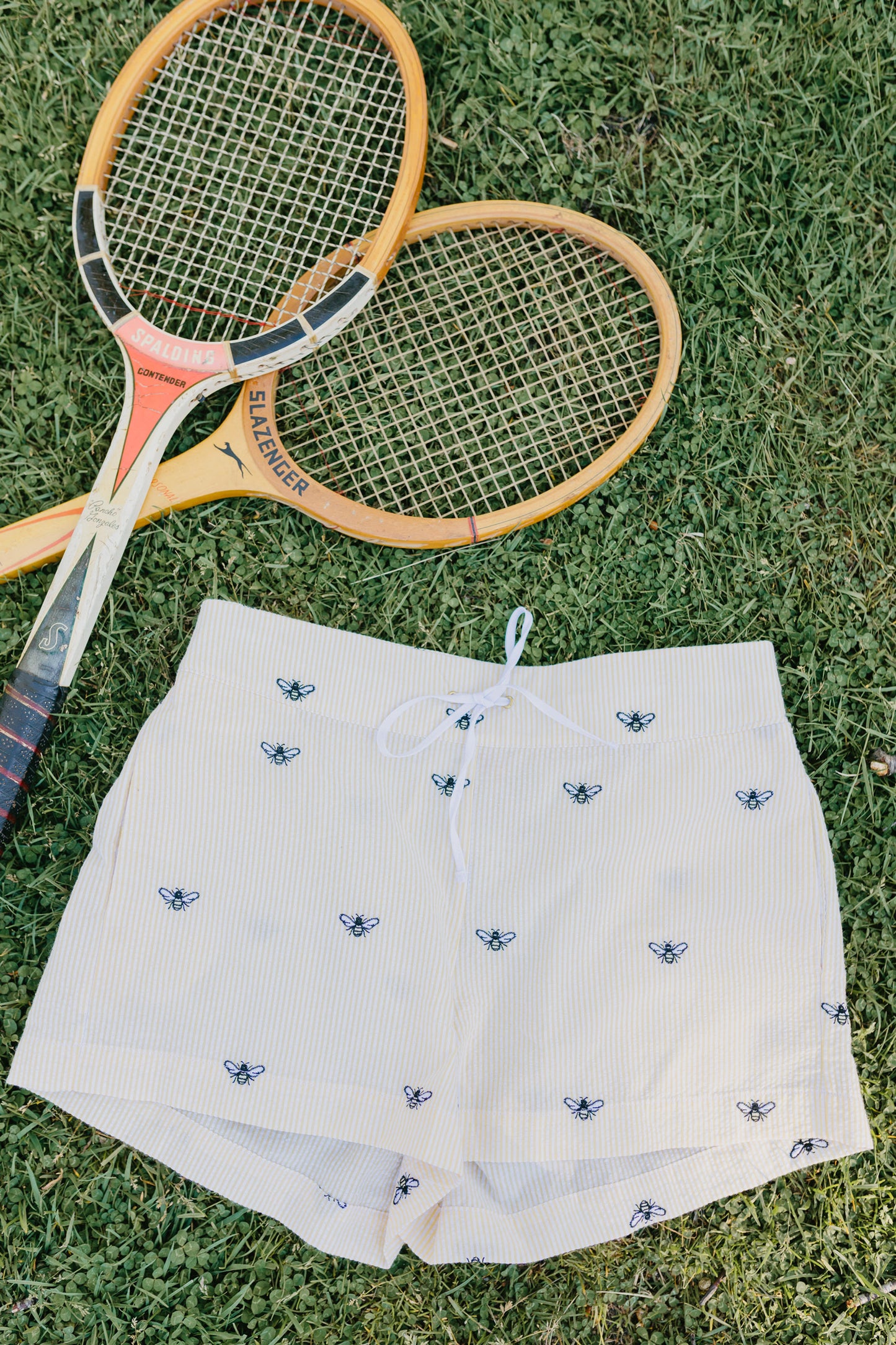 Yellow Seersucker Women's Lounge Short with Embroidered Honeybees