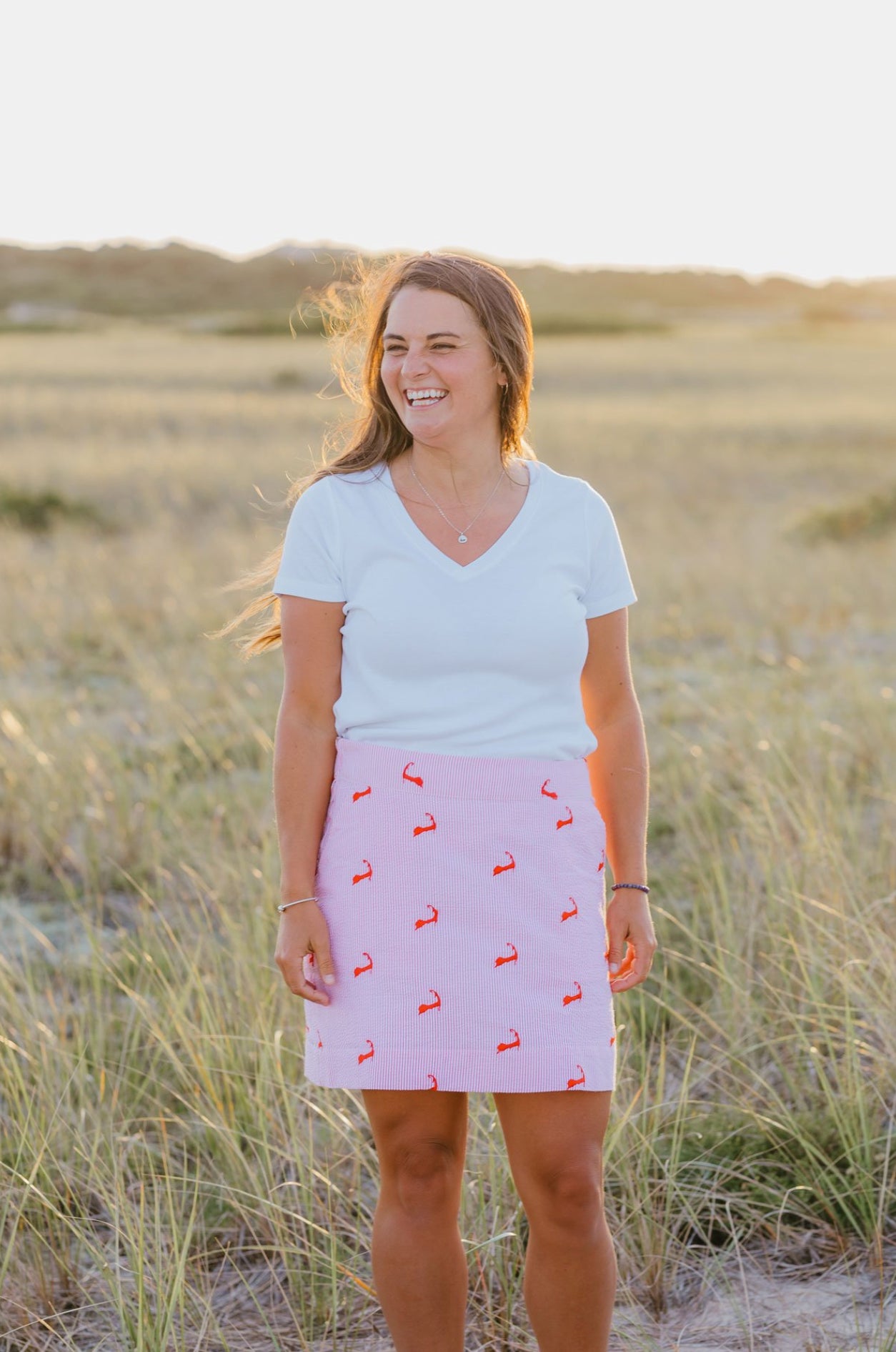 Pink Seersucker Women's Skirt with Embroidered Cape Cods