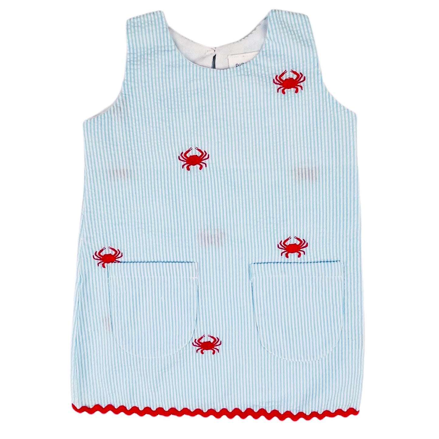 Turquoise Seersucker Girls Dress with Red Embroidered Crabs