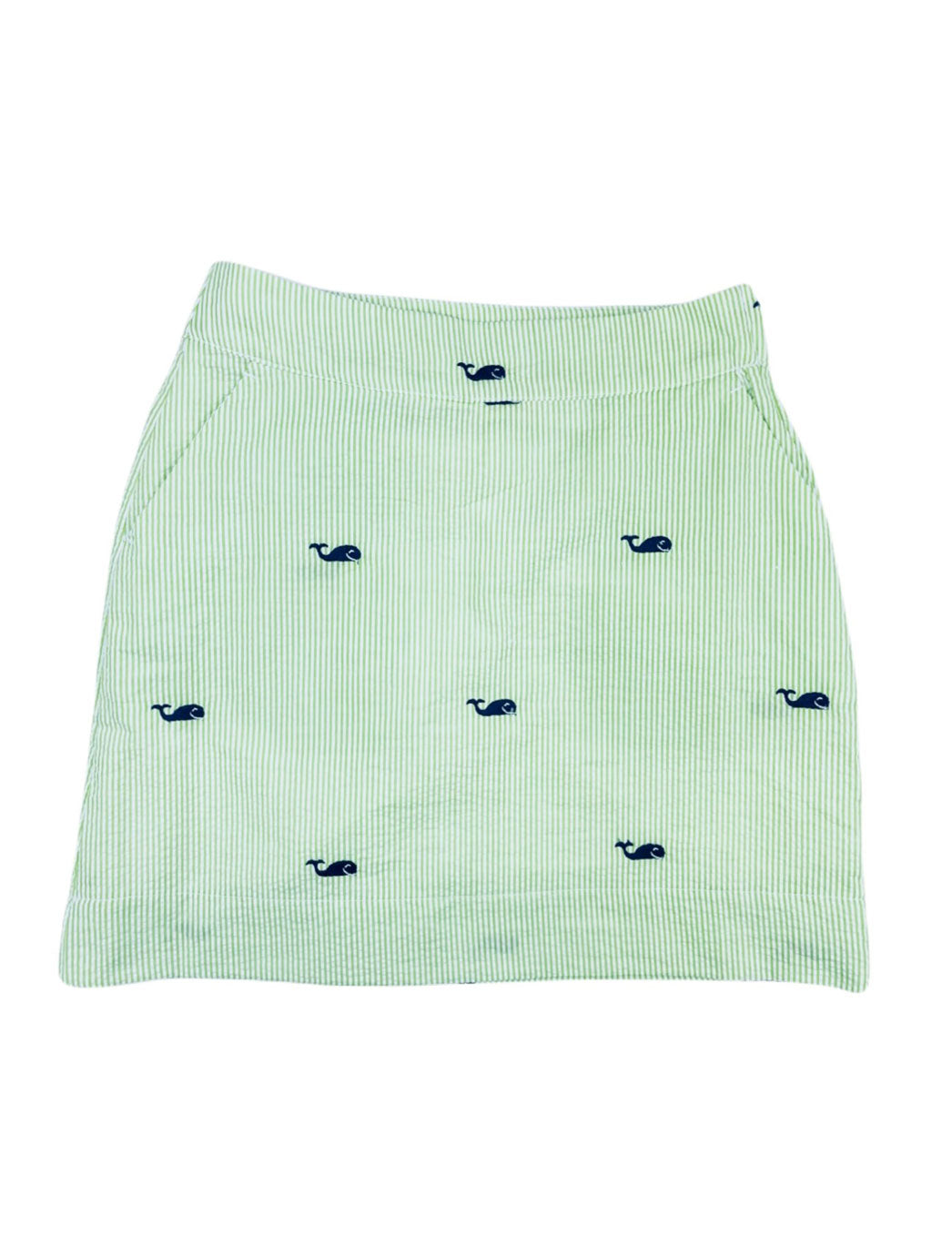 Green Seersucker Women's Skirt with Navy Embroidered Whales