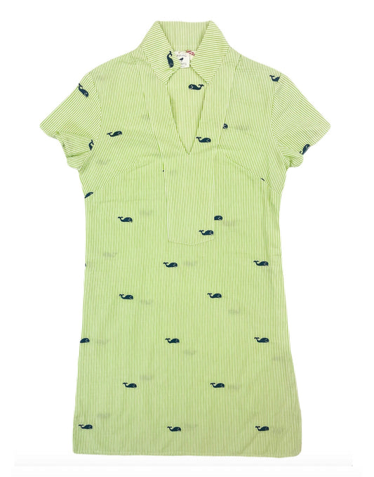 Lime Green Seersucker with Navy Whales Ladies Tunic Dress (Unlined)
