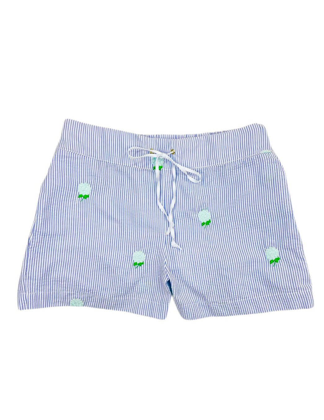 Lilac Seersucker Women's Lounge Short with Embroidered Hydrangeas