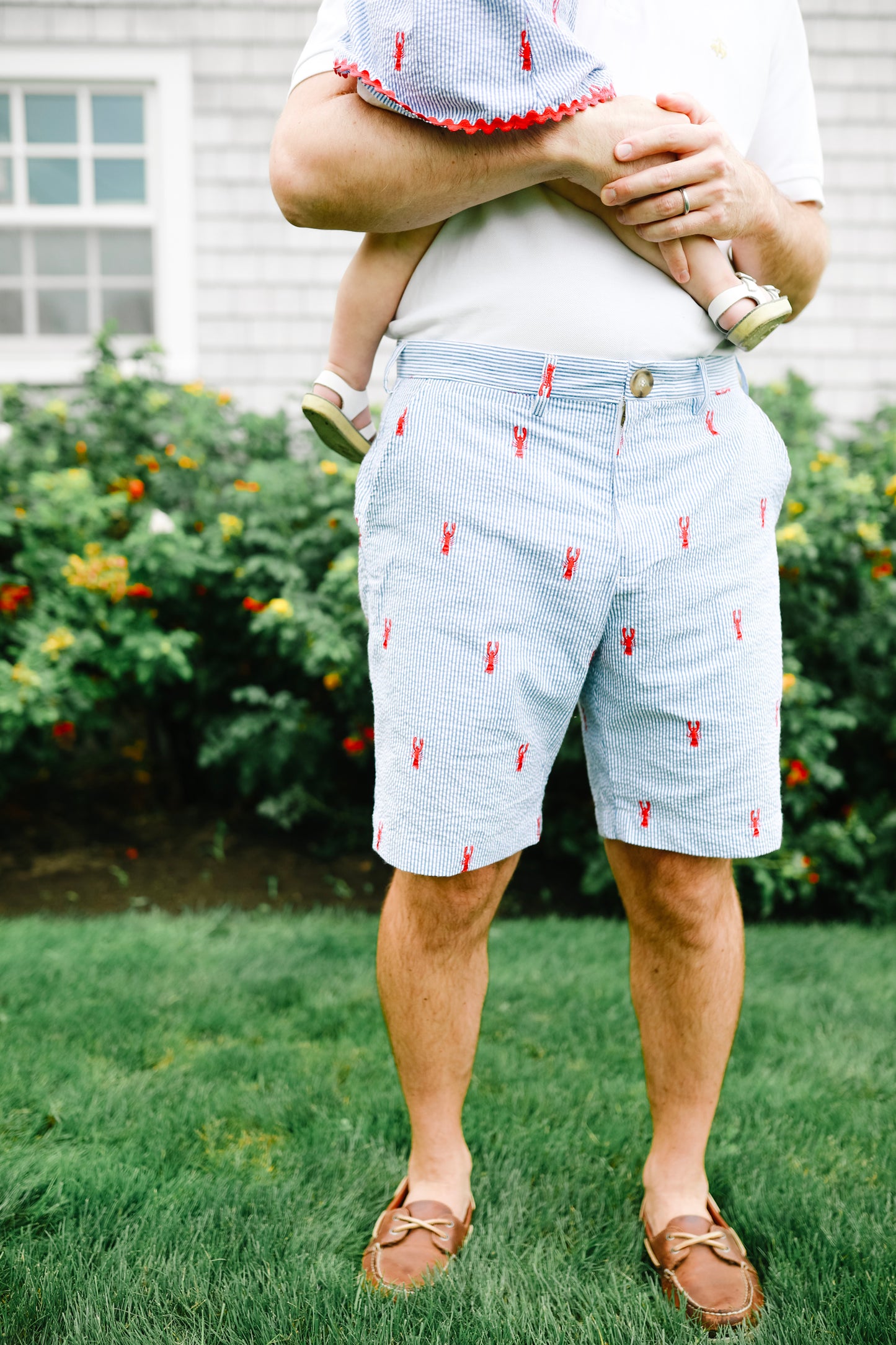 Blue Mens Seersucker Shorts with Red Embroidered Lobsters