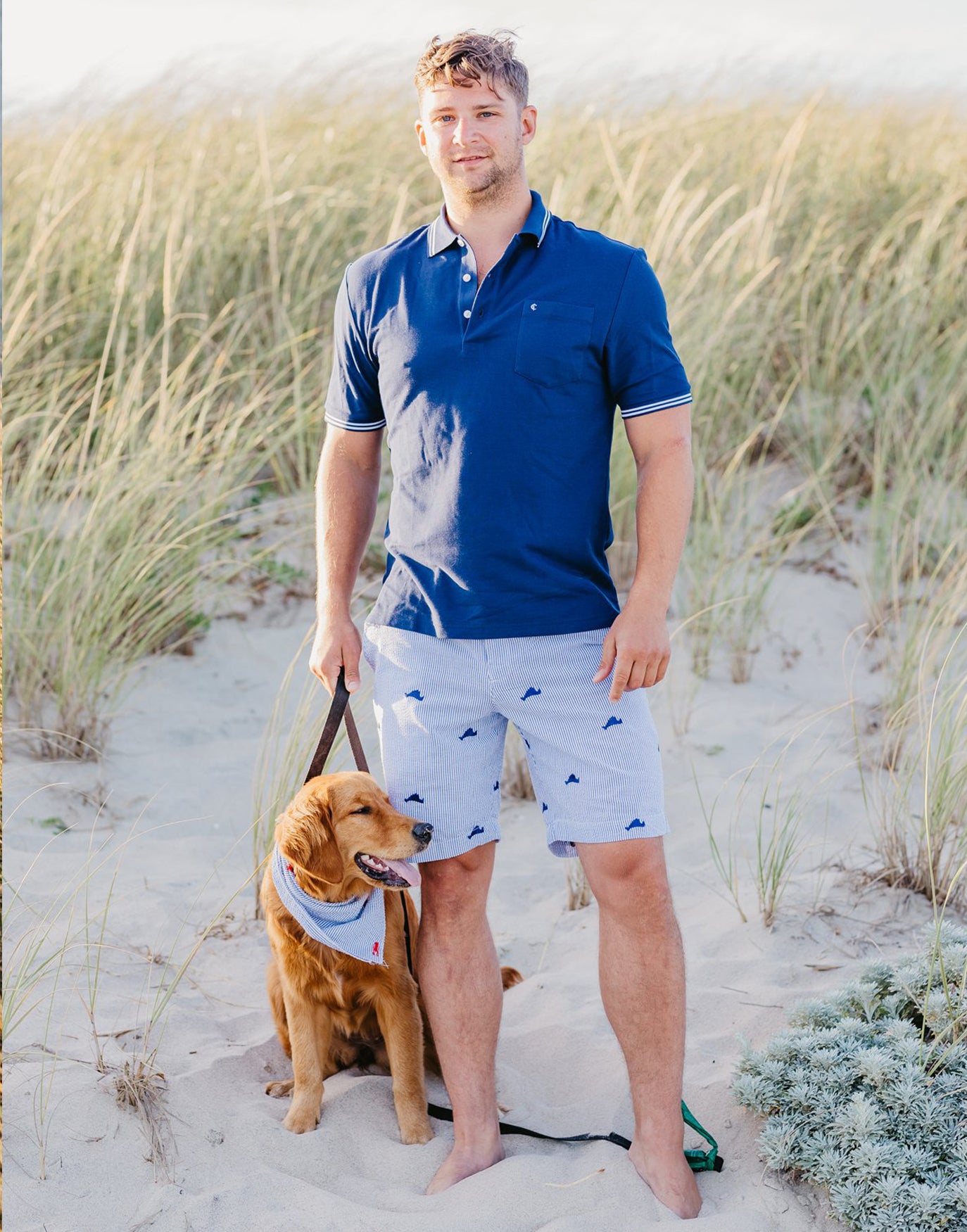 Blue Mens Seersucker Shorts with Navy Embroidered Martha's Vineyards
