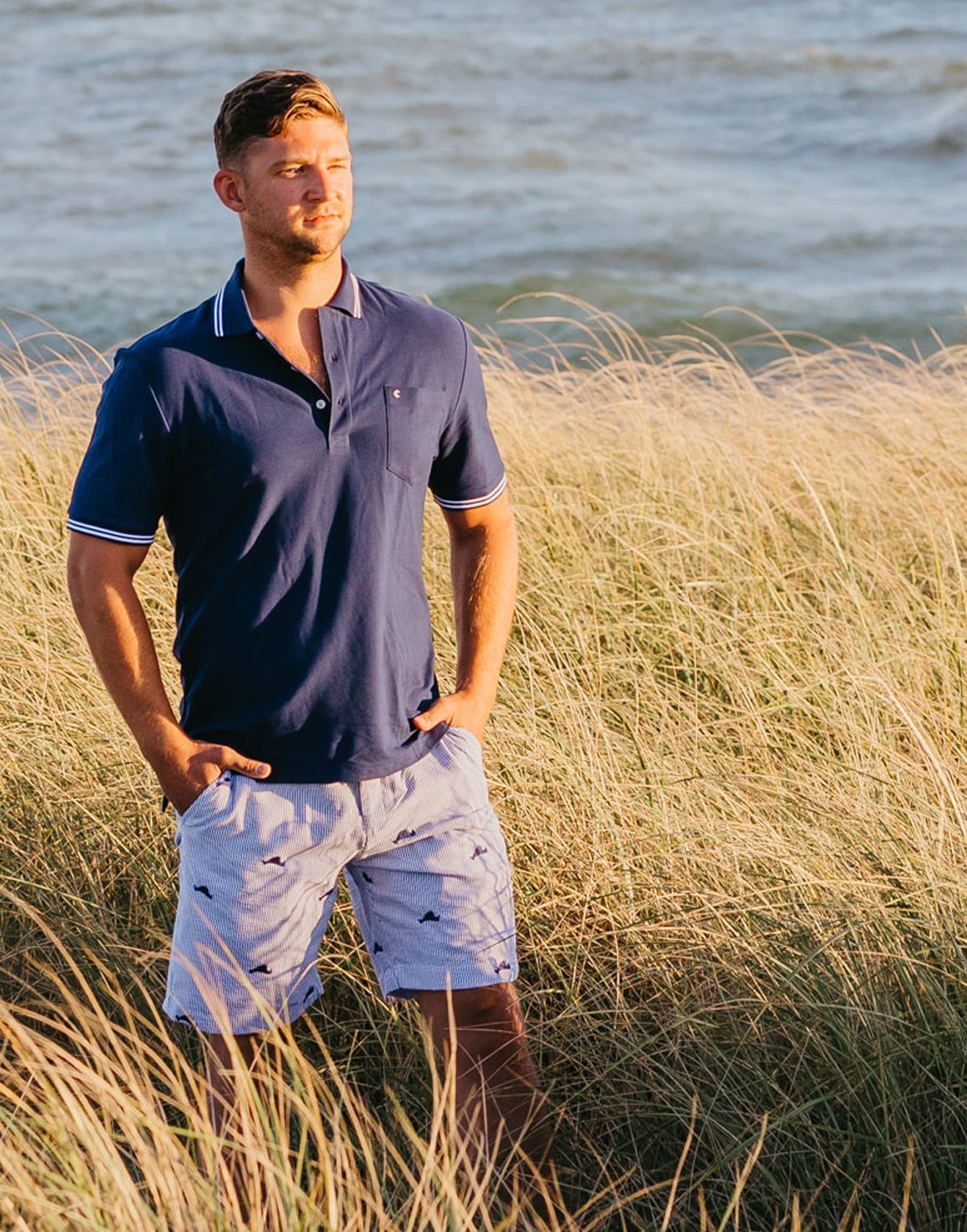 Blue Mens Seersucker Shorts with Navy Embroidered Martha's Vineyards