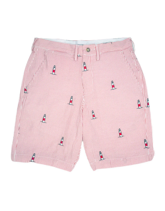 Red Mens Seersucker Shorts with Embroidered Sankaty Lighthouse