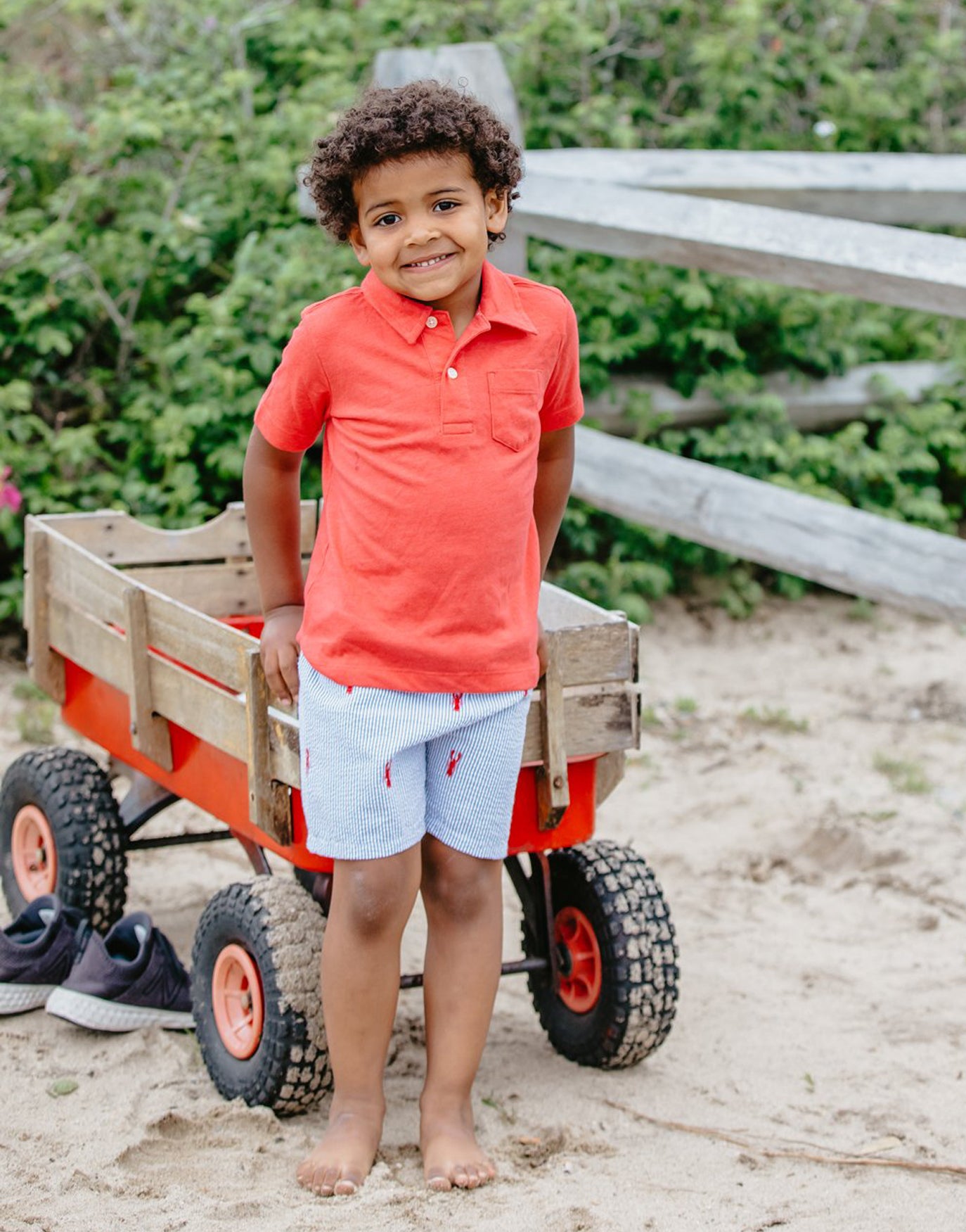 Blue Seersucker Kids Shorts with Red Embroidered Red Lobsters